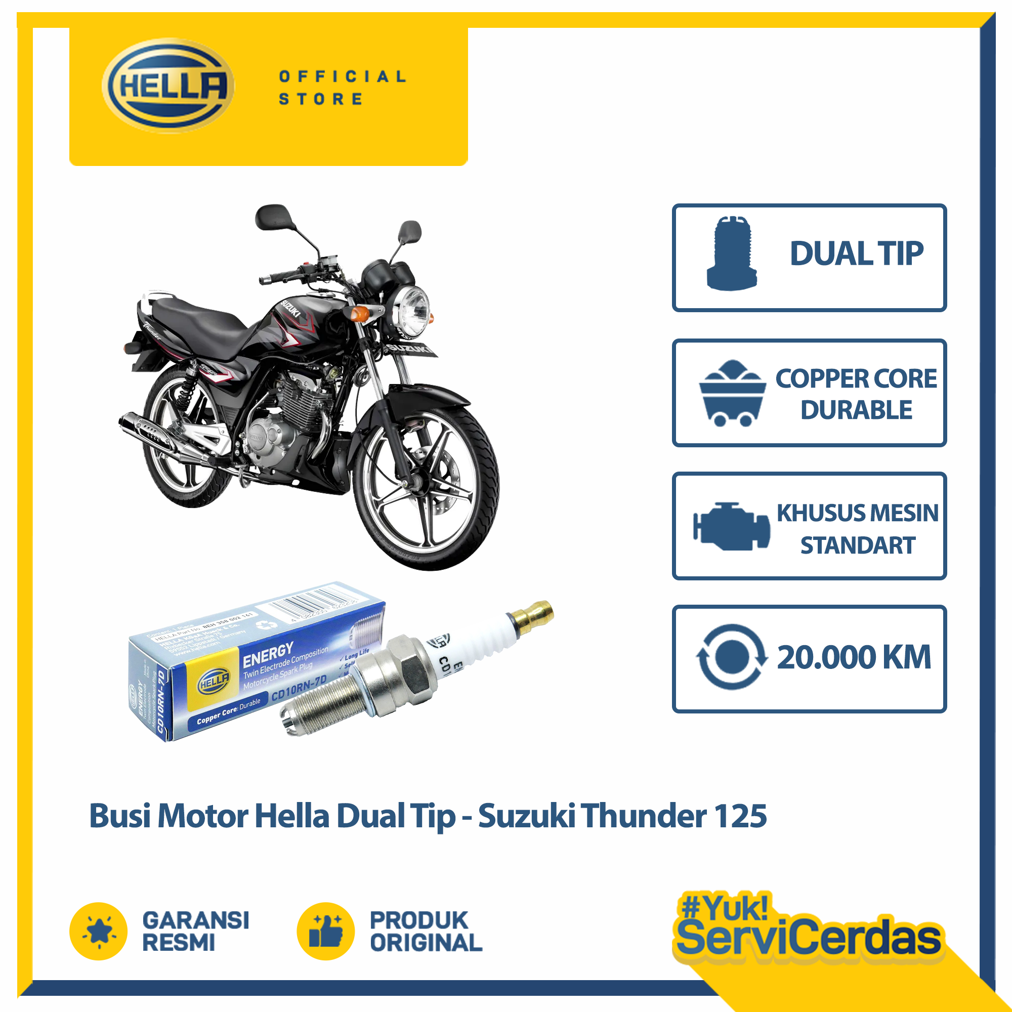 Busi Motor Suzuki Thunder 125 Hella Dual Tip CD10RN-7D - Busi Thunder 125 Harga 25,000 rupiah*Gratis Ongkir