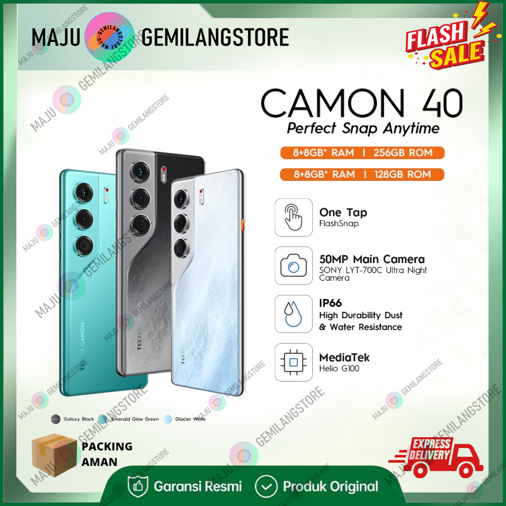TECNO CAMON 40 - 8+8GB*/128GB & 256GB ( Extended ram up to 16GB ) Layar 120Hz AMOLED, IP66, 5200mAh + 45W Harga  2,599,000 Ringgit*Penghantaran Percuma