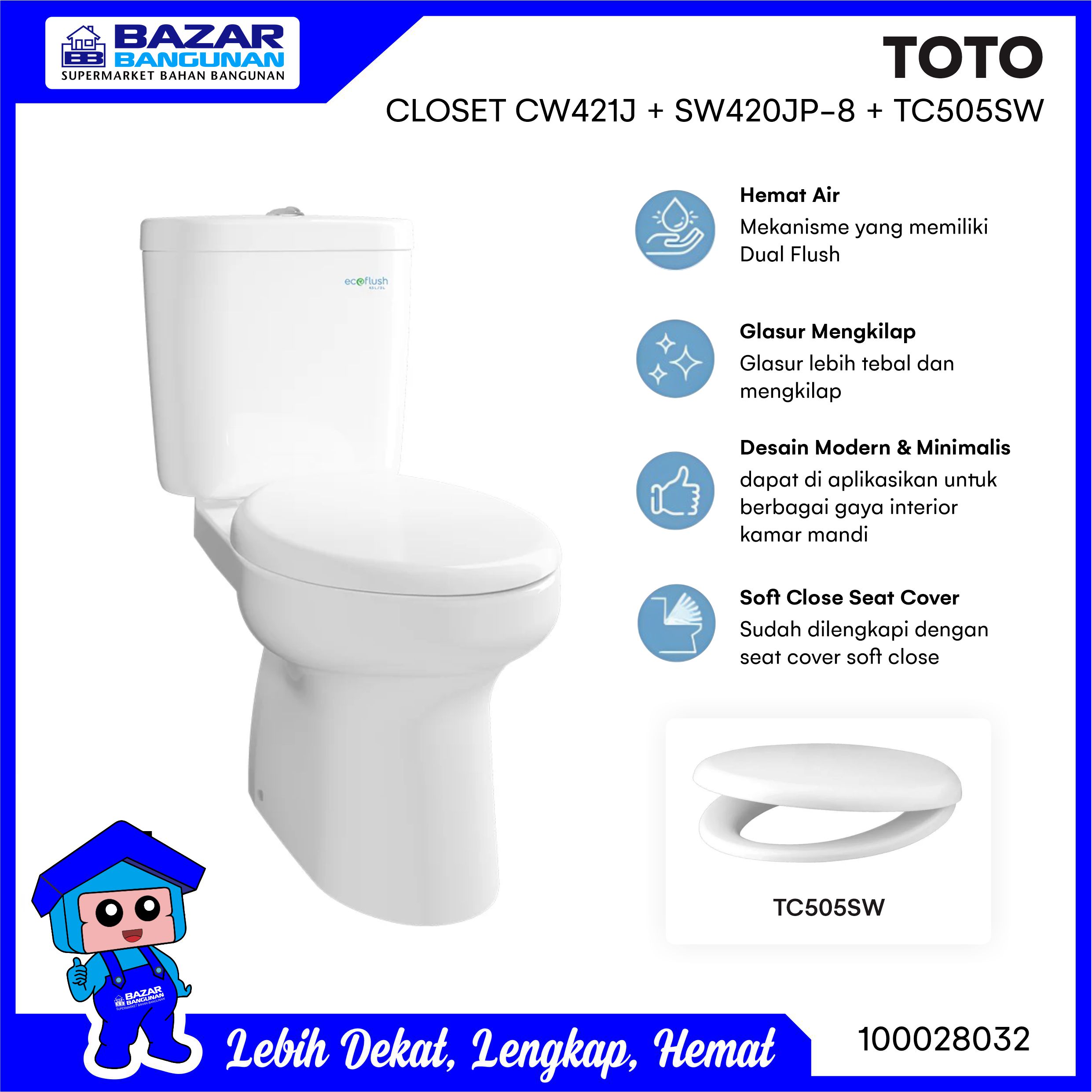 Toto – Closet Kloset Toilet Duduk CW 421 J JP CW421J CW421JP Dual Flush Soft Closing Jarak AS 50 CM - Merek Bazar Bangunan Harga 2,901,000 rupiah*Gratis Ongkir
