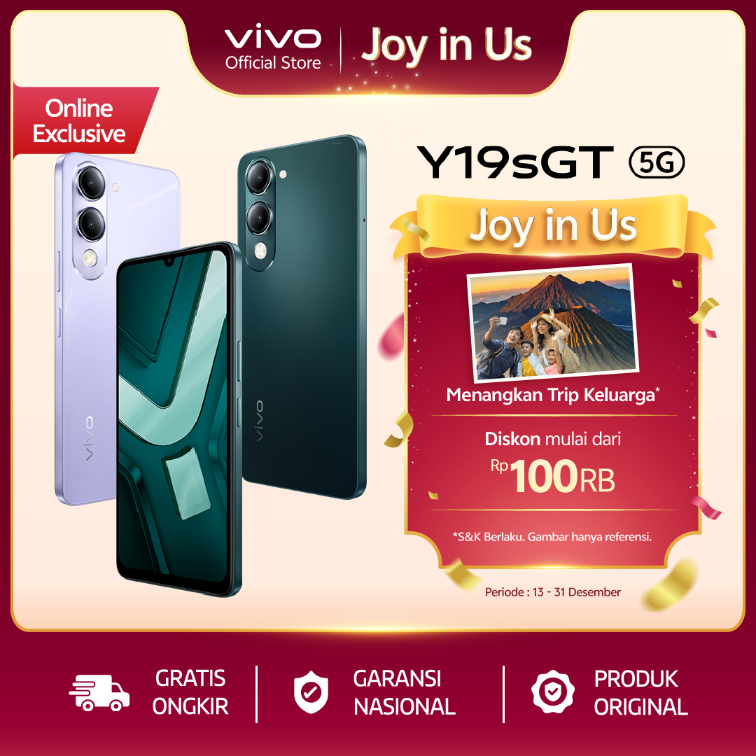【Online Exclusive】vivo Y19sGT 5G - Dimensity 6300 5G, 5500mAh Tahan Lama, NFC Multifunctions, Tahan Banting & Hujan, 50MP Kamera Utama, AI Erase Harga 1,849,000 rupiah*Gratis Ongkir