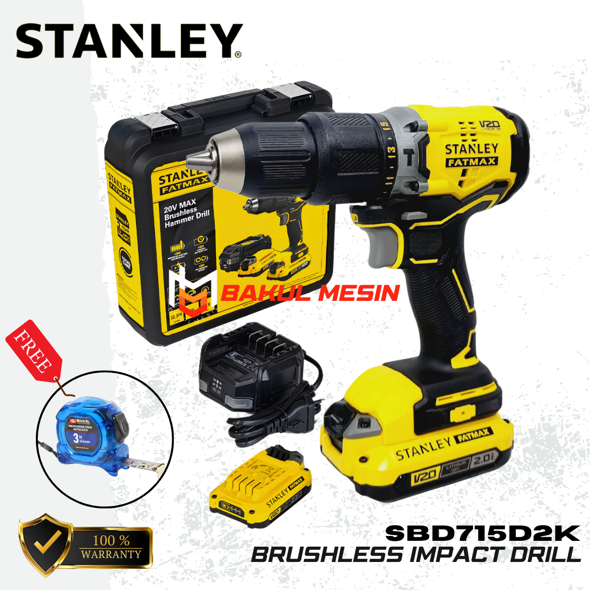 STANLEY SBD715D2K Brushless Impact Drill Bor Impact Baterai 20V