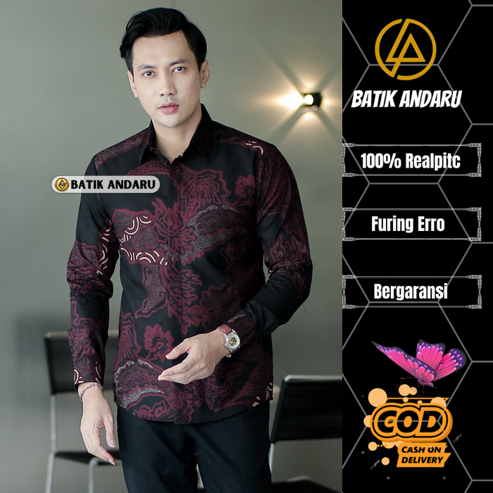 BATIK ANDARU Motif HARMOKO Atasan Hem Baju Batik Pria Dewasa Slim Fit Lengan Panjang Modern Elegant Heem Katun Premium Lapis Furing Erro Warna Hitam Burgundy Harga 200,000 rupiah*Gratis Ongkir