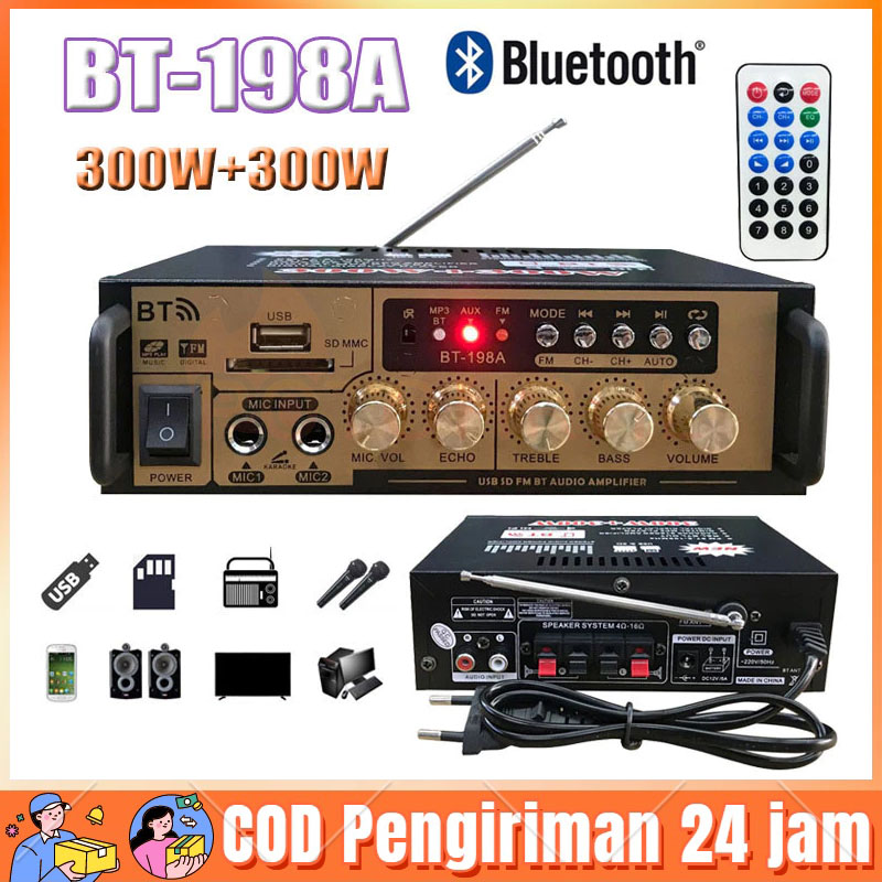 Power amplifier wireless BT 5.0 BT-198E echo 300W + 300W amplifier Echo Karaoke Bluetooth 600W digital HiFi Bluetooth stereo audio amplifier FM Radio USB 300W + 300W power stereo audio amplifier Bluetooth FM USB SD home KTV Harga 175,000 rupiah*Gratis Ongkir
