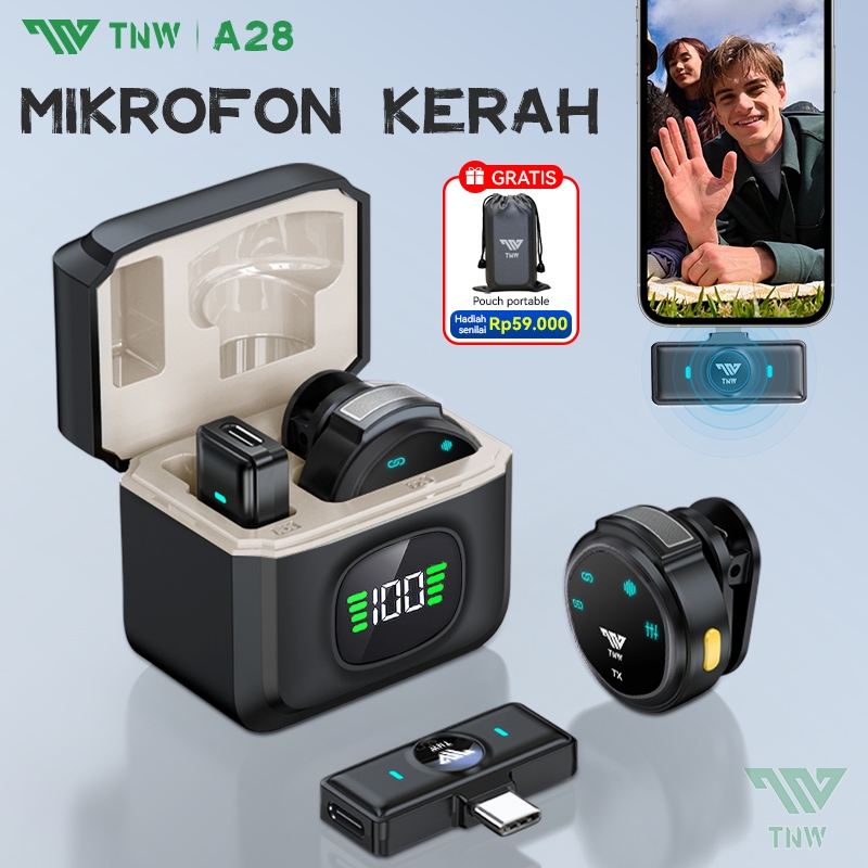 TNW A28 wireless microphone magnetic clip on MIC lavalier microphone HP plug & play wireless microphone with charging case Harga 165,000 rupiah*Gratis Ongkir