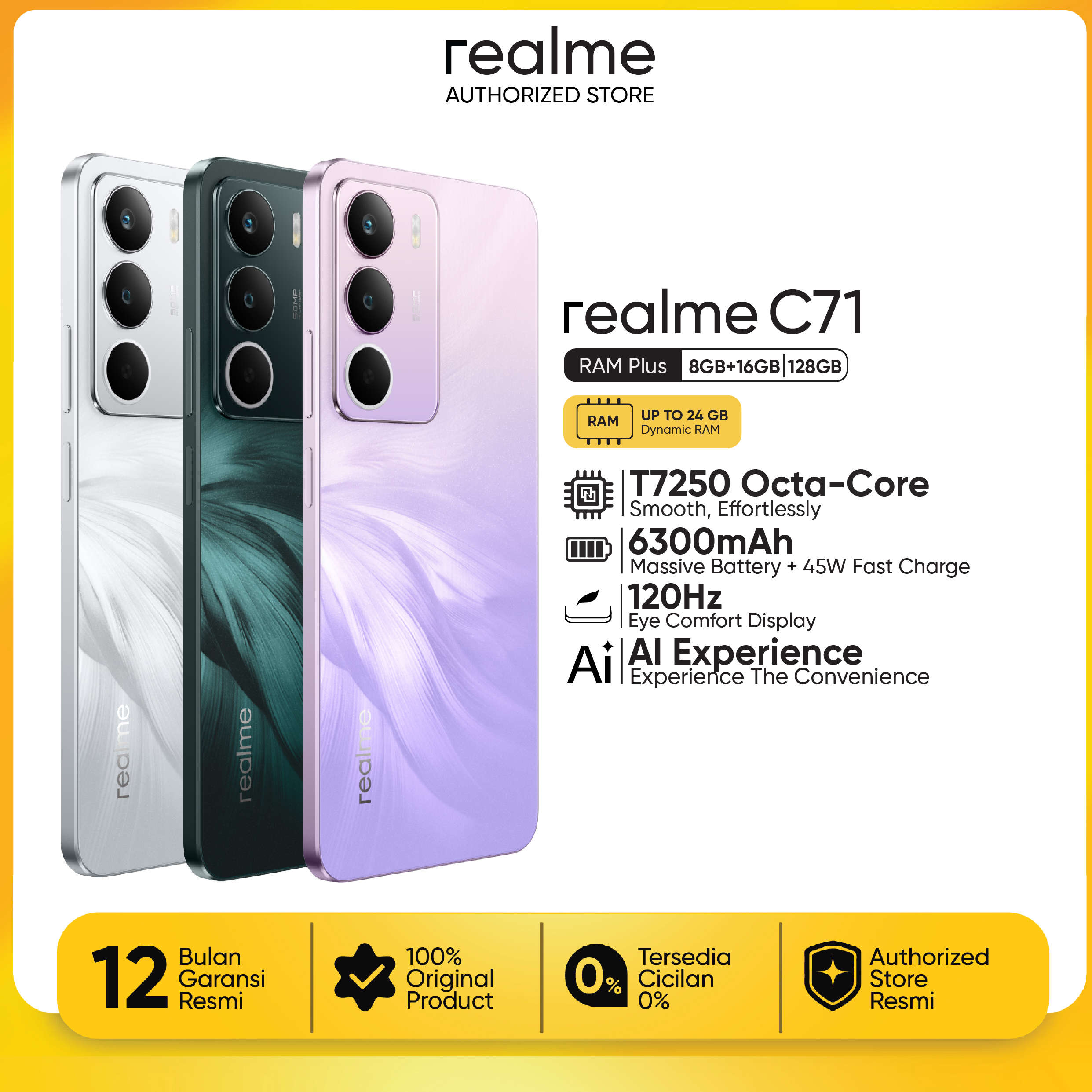 realme C71 8GB+128GB* | NFC | 6300mAh Massive Battery & 45W Fast Charge | 120Hz Eye Comfort Display | AI Experience Harga  1,979,010 Ringgit*Penghantaran Percuma
