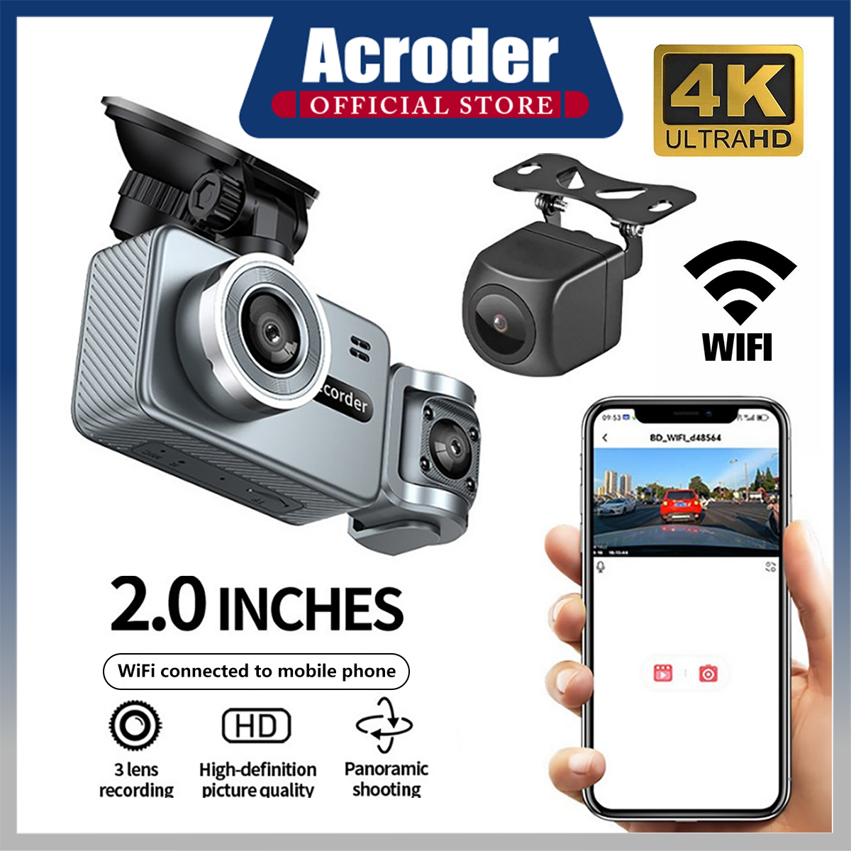 Acroder Dashcam Q2 3 Lens 4K Wifi Night Vision 24-Hour Parking Monitoring Harga 619,000 rupiah*Gratis Ongkir
