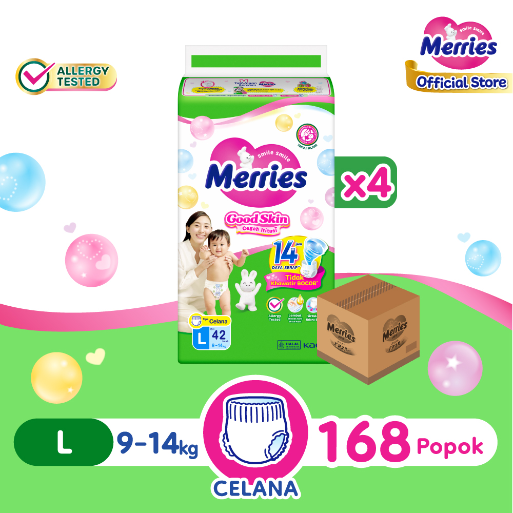 Merries Popok Bayi Good Skin Pants L (9 - 14 Kg) - 42 x 4 - Isi 168 (Carton) - Diapers Lembut Untuk Mencegah Iritasi dan Cepat Menyerap cairan Harga 310,700 rupiah*Gratis Ongkir