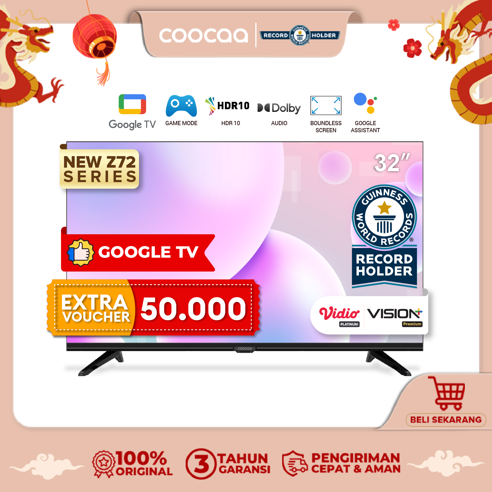 	 [Google TV] COOCAA 32 inch Smart TV - Netflix/Youtube - Google Assistant - Dolby Audio - Low Bule Light - Eye Care - WIFI - HDMI/USB/LAN(COOCAA 32Z72)	