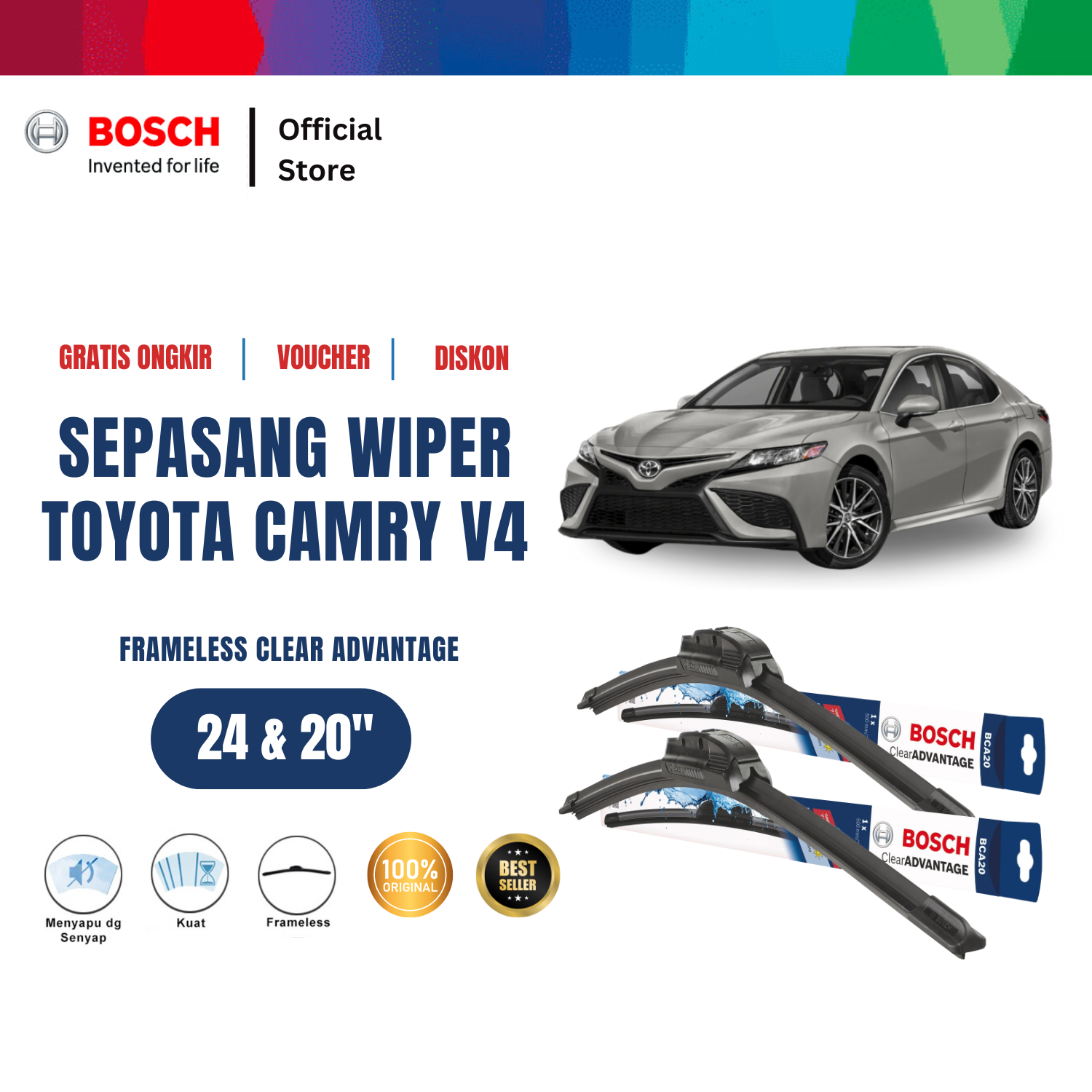 Bosch Sepasang Wiper Mobil Toyota Camry V4 Frameless Clear Advantage 24 dan 20 Inci Harga 217,175 rupiah*Gratis Ongkir