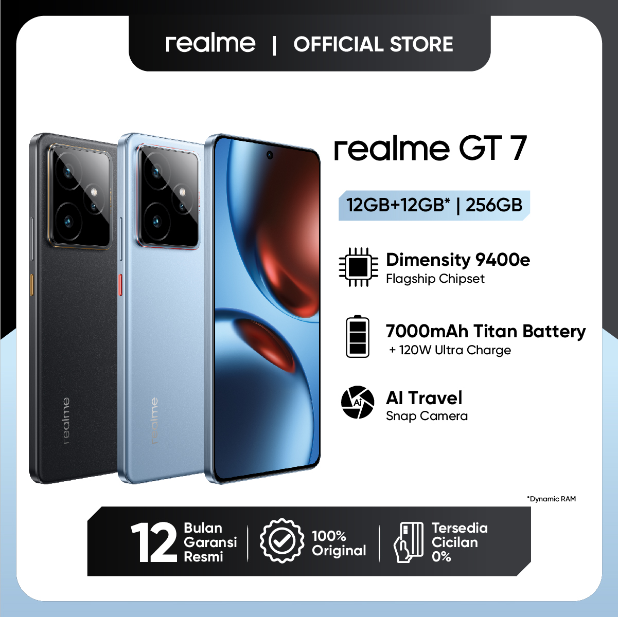 GT 7 12GB+12GB*|256GB (Dimensity 9400e Flagship Chipset | 7000mAh Titan Battery + 120W Ultra Charge | AI Travel Snap Camera) Harga 7,599,000 rupiah*Gratis Ongkir