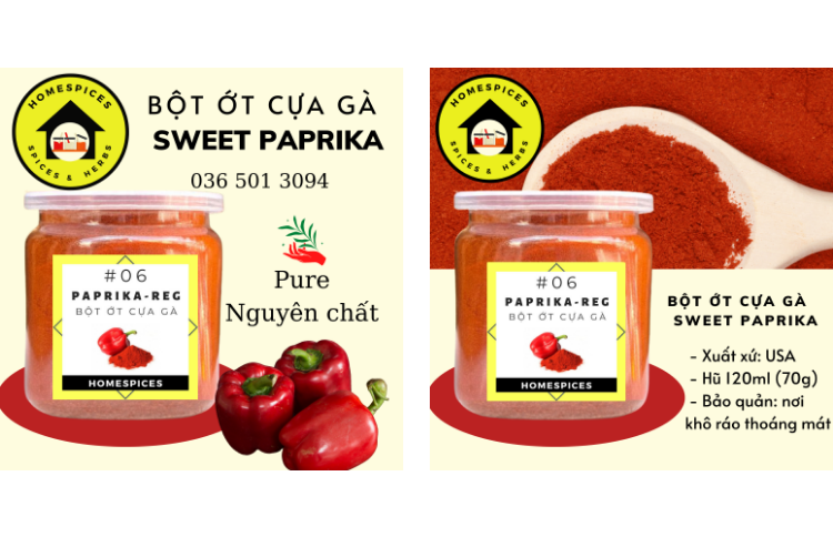 Bột Ớt Cựa Gà không cay - Sweet Paprika powde healthy tạo màu ăn kiêng giảm cân - bột ớt không cay tạo màu - homespicces gia vị nấu ăn -Gia vị ăn kiêng - Gia vị nấu món tây