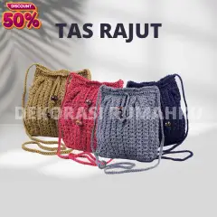 Tas Rajut Wanita Muslimah Modern - Tas Tote bag resleting kain tebal - Tas Slempang Rajut - Tas Rajut Selempang serut mini Polos