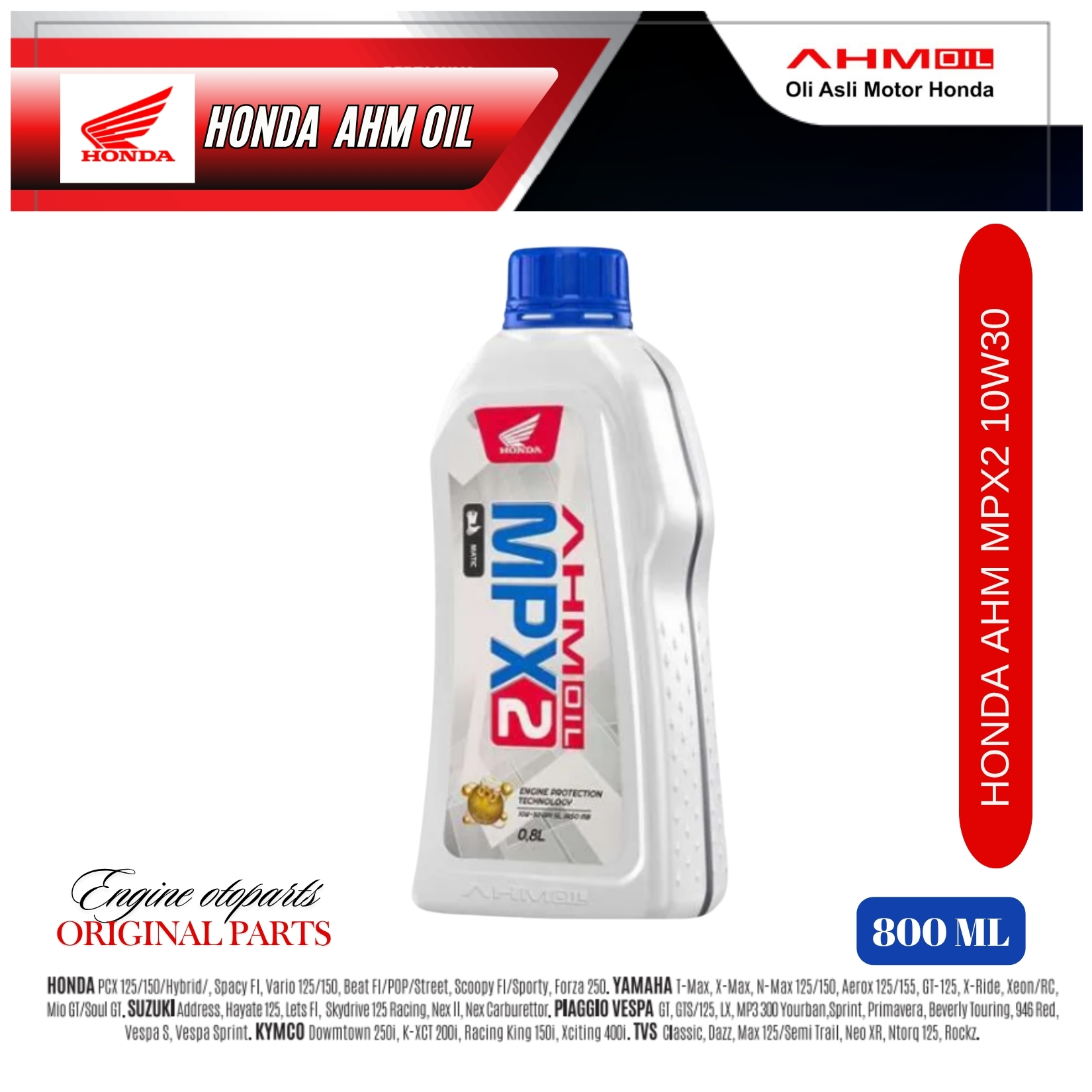 Honda Oli motor Matic mpx2 0.8 L 10w30 slmb 100% original lubricating Vario beat scopy spacy Genio DLL Harga 69,800 rupiah*Gratis Ongkir