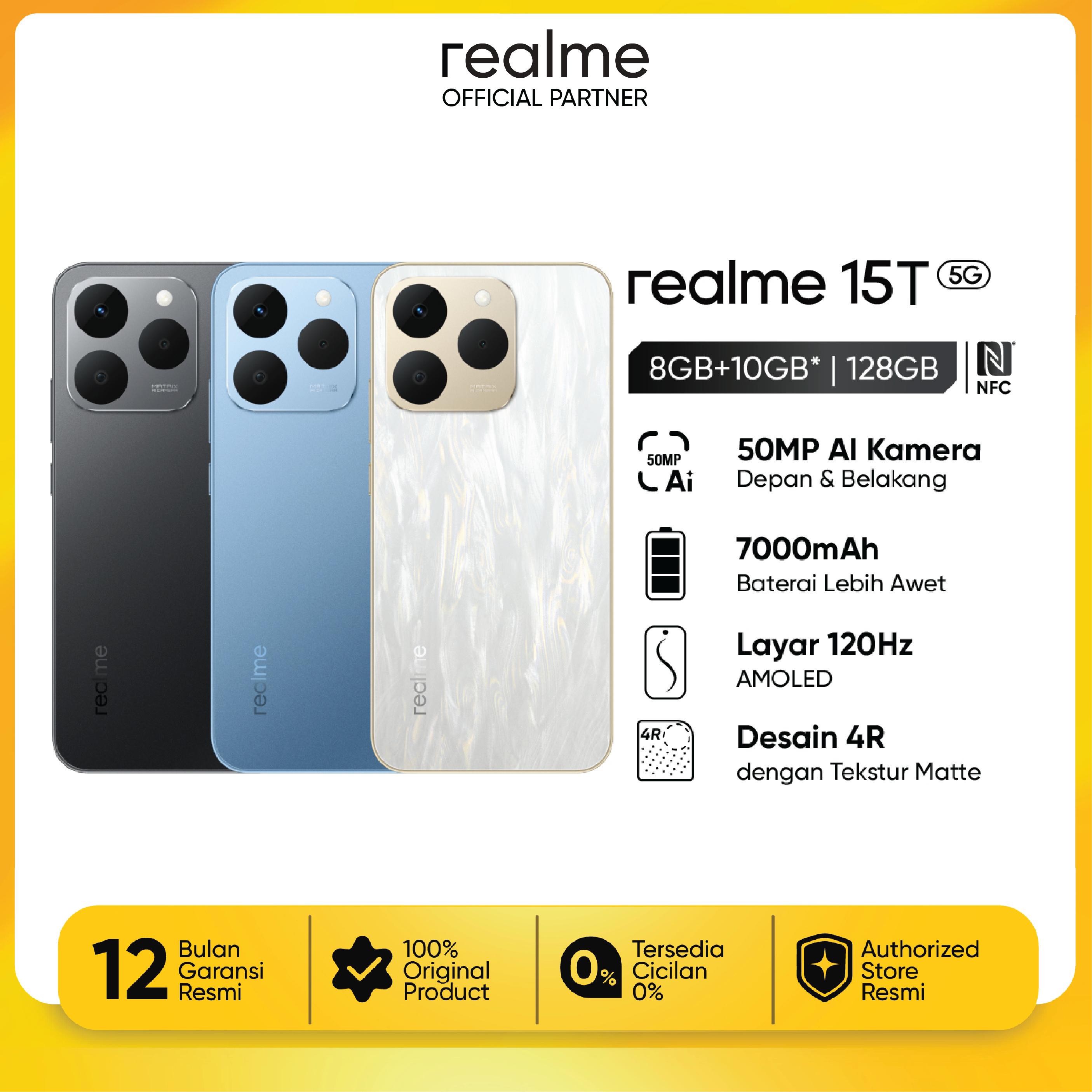 Realme 15t 8Gb+10Gb* | 128Gb (7000Mah Battery | Nfc | Ip66/68/69 Waterproof | 120Hz Amoled Display | 60W Fast Charge | 50Mp Ai Camera) Giá 3,599,000 Đồng*Miễn phí vận chuyển
