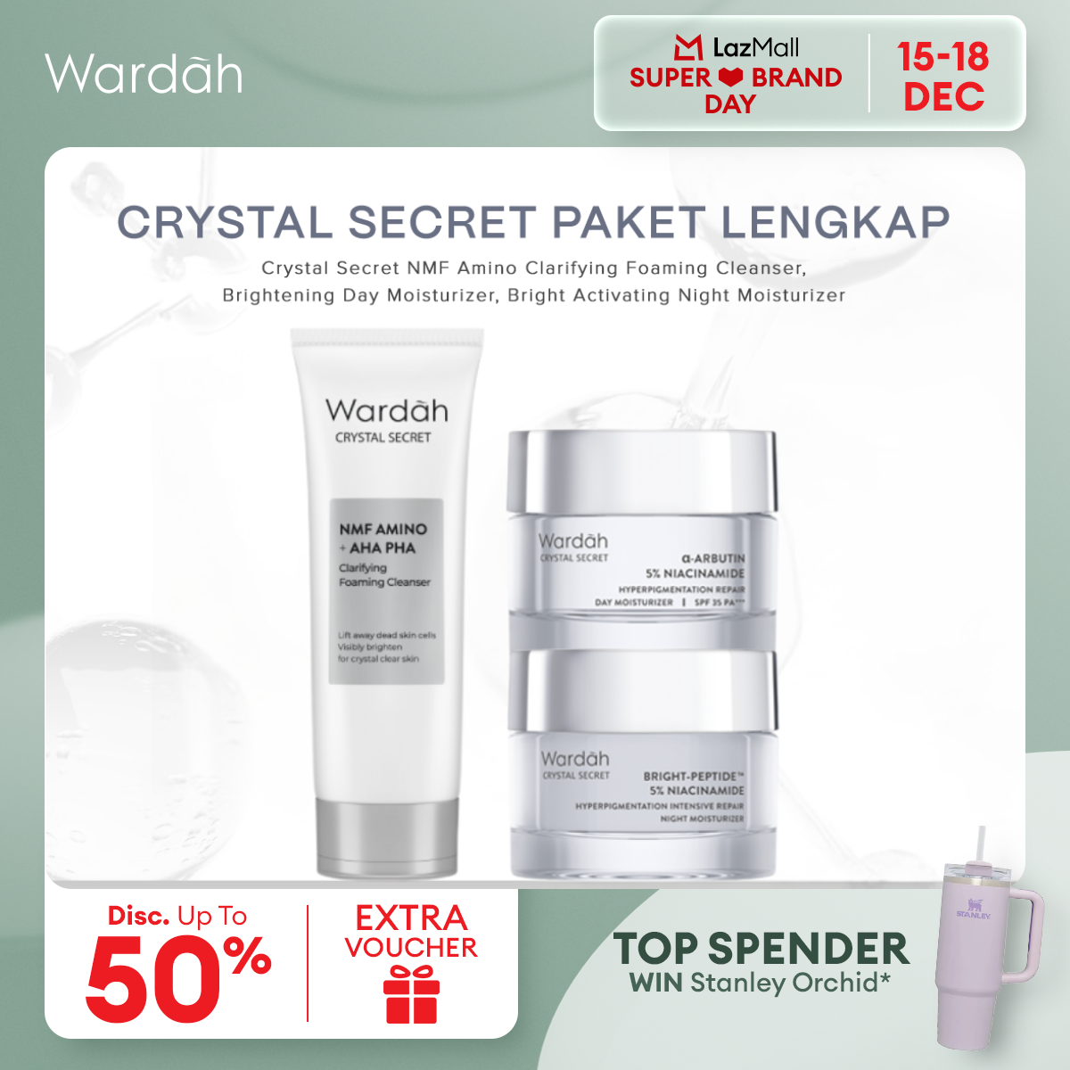 Wardah Paket reseller Crystal secret Lengkap - Crystal secret NMF amino + AHA PHA clarifying foaming cleanser, Crystal secret brightening day cream, Crystal secret bright Activating Night Cream-skincare Harga  149,625 rupiah*Gratis Ongkir