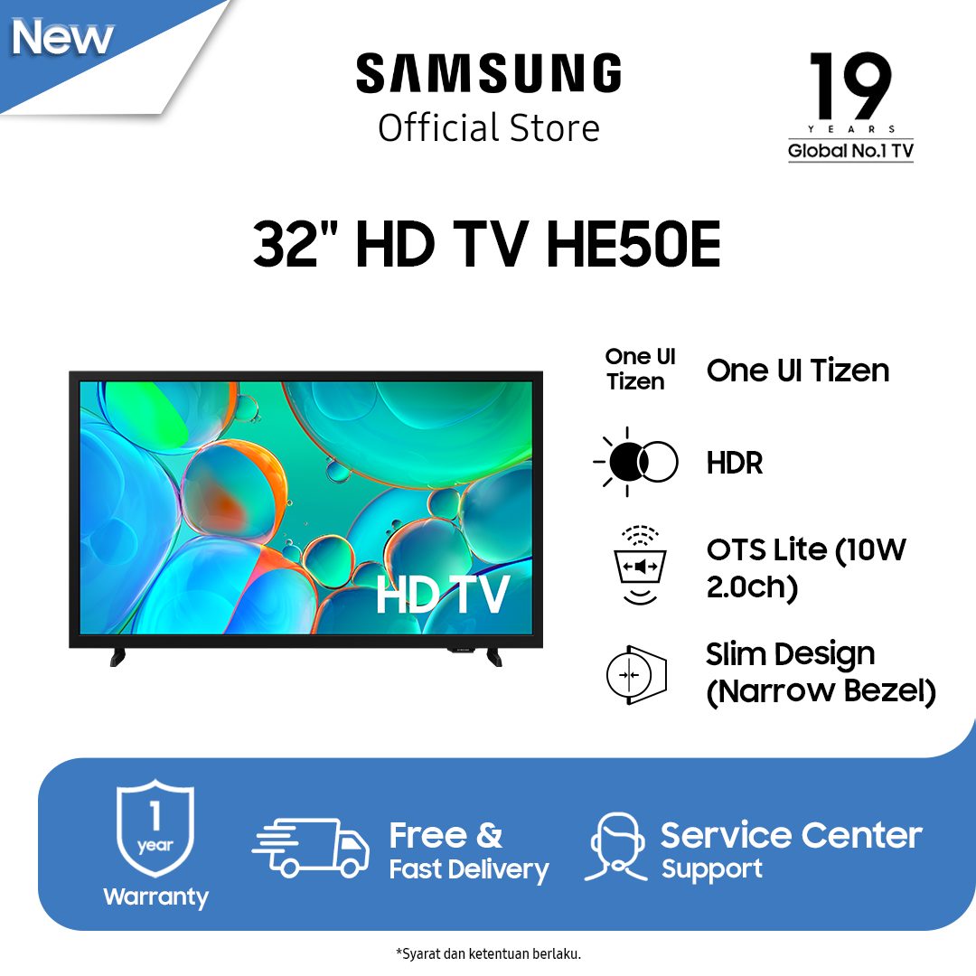 Samsung 32 HD he50e TV | HDR | OTS Lite | one UI Tizen | slim design | ua32he50efklxd Harga 2,038,000 rupiah*Gratis Ongkir