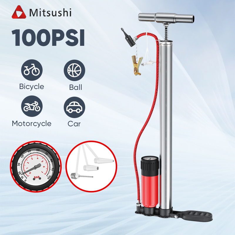 Mitsushi Pompa Angin Besi Pump Sepeda Motor Mobil 100PSI Tabung Meter Pompa Ban High Pressure Pompa Angin Portable Bicycle Pump Tahan Karat Serbaguna Harga 79,900 rupiah*Gratis Ongkir