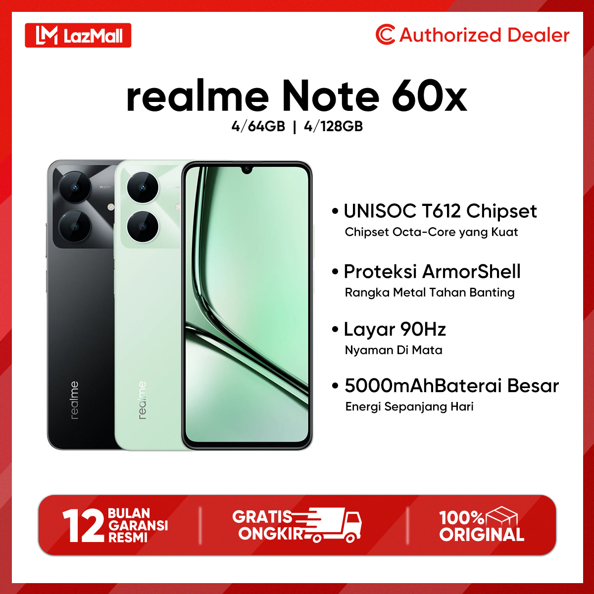 Realme Note 60X (4/64) (4/128) Dynamic Ram up to 4Gb+8Gb 5000Mah Large Battery Official Guarantee Harga  1,299,000 Ringgit*Penghantaran Percuma