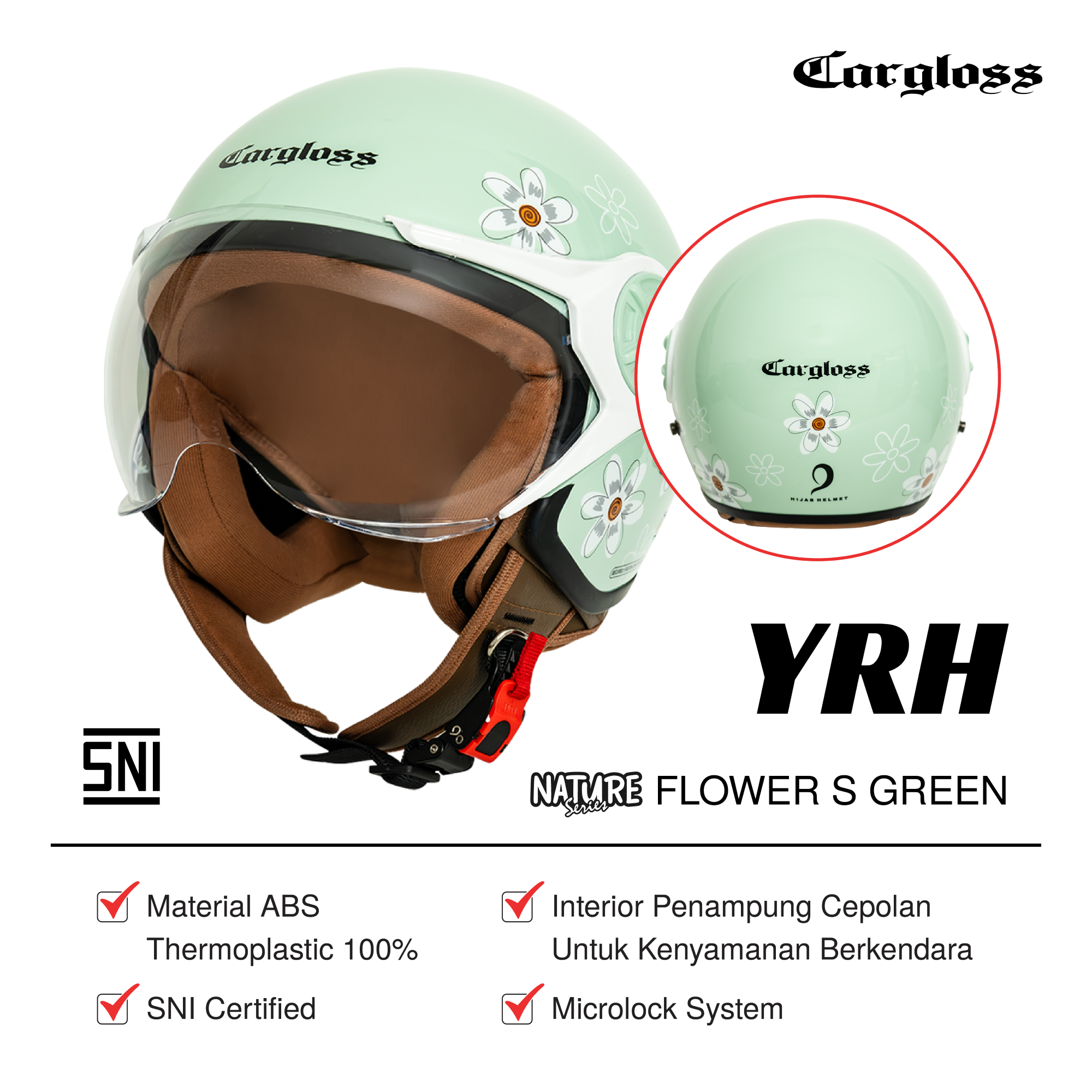 Cargloss YRH Hijab Graphic Retro Helm Half Face - Flower S Green Harga 335,000 rupiah*Gratis Ongkir