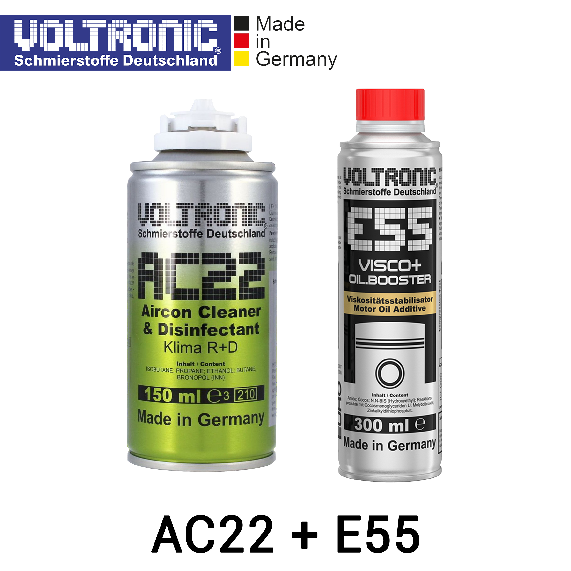 VOLTRONIC AC22 + E55 Bundling Set; Aircon + Evaporator Cleaner & Disinfectant - Pembersih AC Mobil Biar Dingin dan Membunuh Kuman Disinfektan, Cuci AC Mobil; Oil Booster (Motor Oil Additive) - Additive Oli Mobil Motor, Engine Conditioner, Carbon Cleaner Harga 659,000 rupiah*Gratis Ongkir
