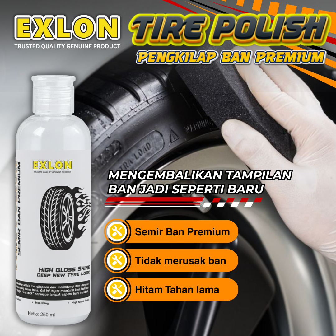 Exlon Tire Polish 250 ml [Free Applicator Pad] Blackening and Shining Car & Motorcycle Tires Glossy Finish Premium Tire Polish Does Not Damage Tires Long Lasting Black Harga 35,899 rupiah*Gratis Ongkir