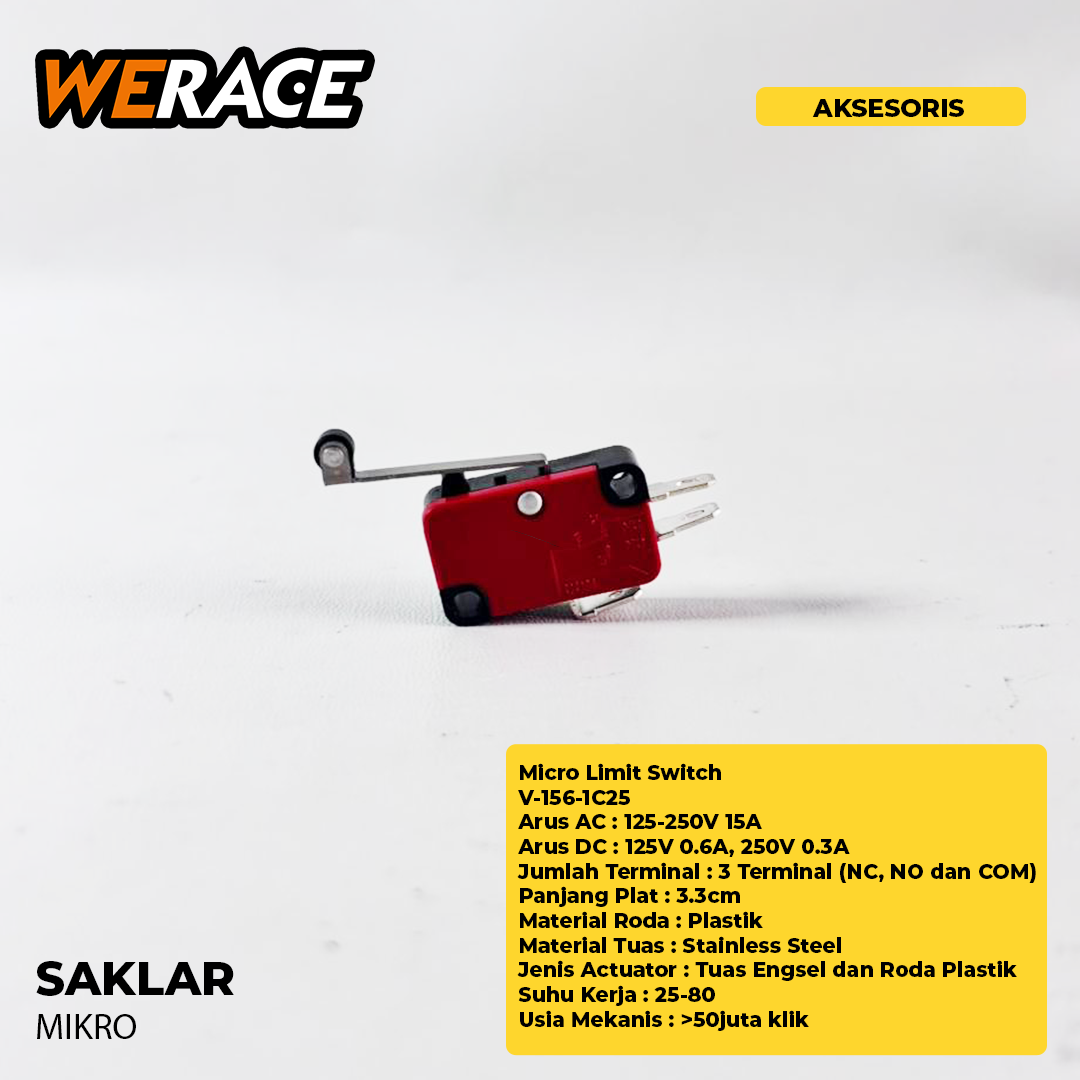 Werace Micro Switch Micro Limit Switch Lever Stainless Handle Plastic Wheel V-156-1C25 15A 250V 3 Pin Harga 4,450 rupiah*Gratis Ongkir