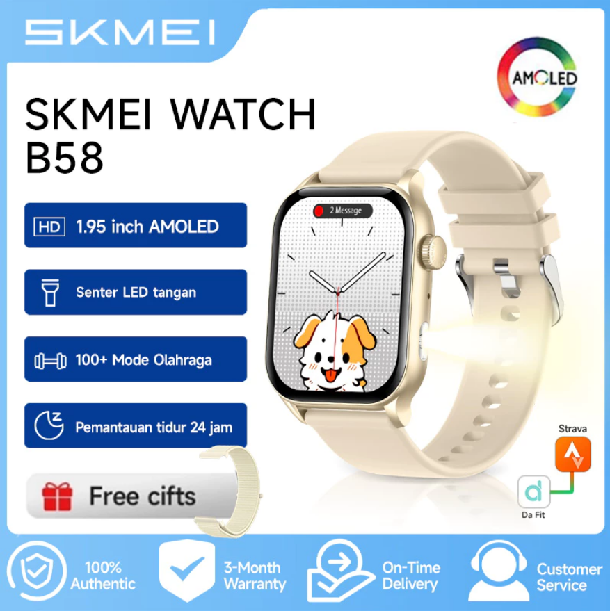 SKMEI b58 smart watch wanita 1.95 inch Layar Fitness Tracker jam tangan alarm wanita Layar AMOLED Bluetooth Call Sleep Monitor Notifikasi 100+ Mode Olahraga Harga  331,000 rupiah*Gratis Ongkir