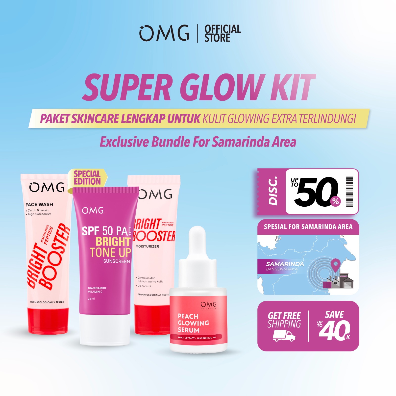 Omg Bright Booster Super Glow Kit Tone up Face Wash+Moist Cream+Serum+Sunscreen - Skincare Set / Facia…