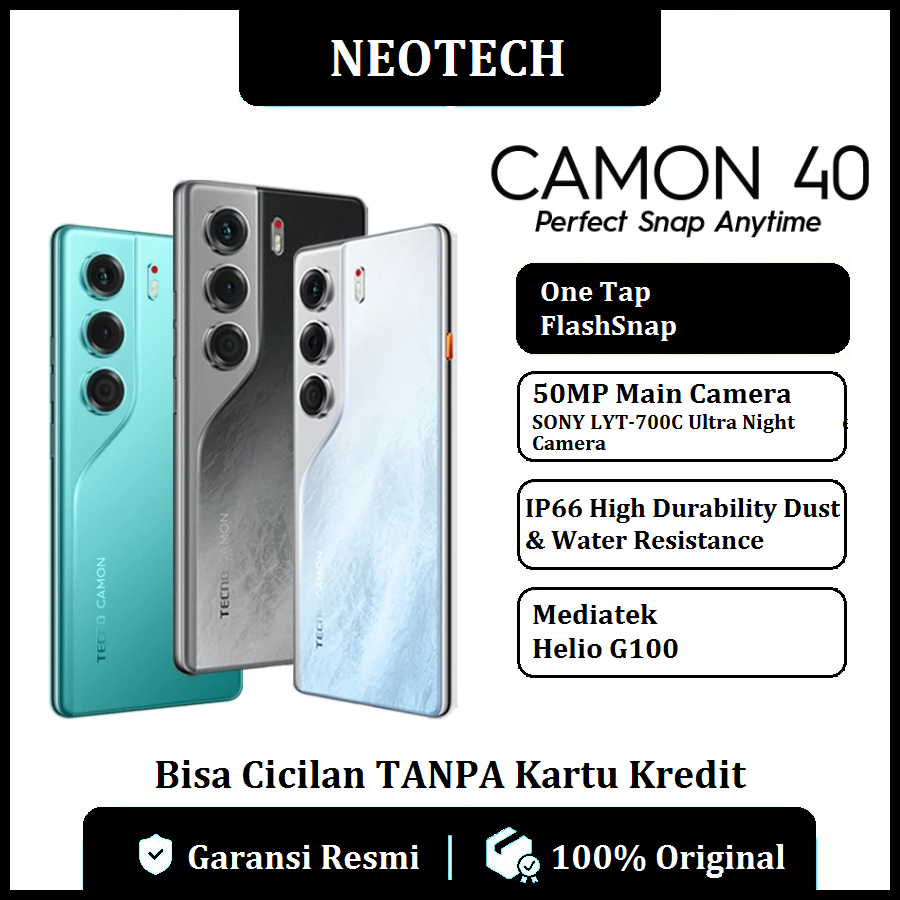 TECNO CAMON 40 (8GB + 128GB/256GB) 50MP Sony + 8MP Ultra Wide Camera, 32MP Front Camera - Bisa Cicilan Tanpa Kartu Kredit - Garansi Resmi 1 Tahun - HP Murah ( Kredivo, Laz Pay Later, Bisa COD, OVO, Original ) Harga 2,698,000 rupiah*Gratis Ongkir