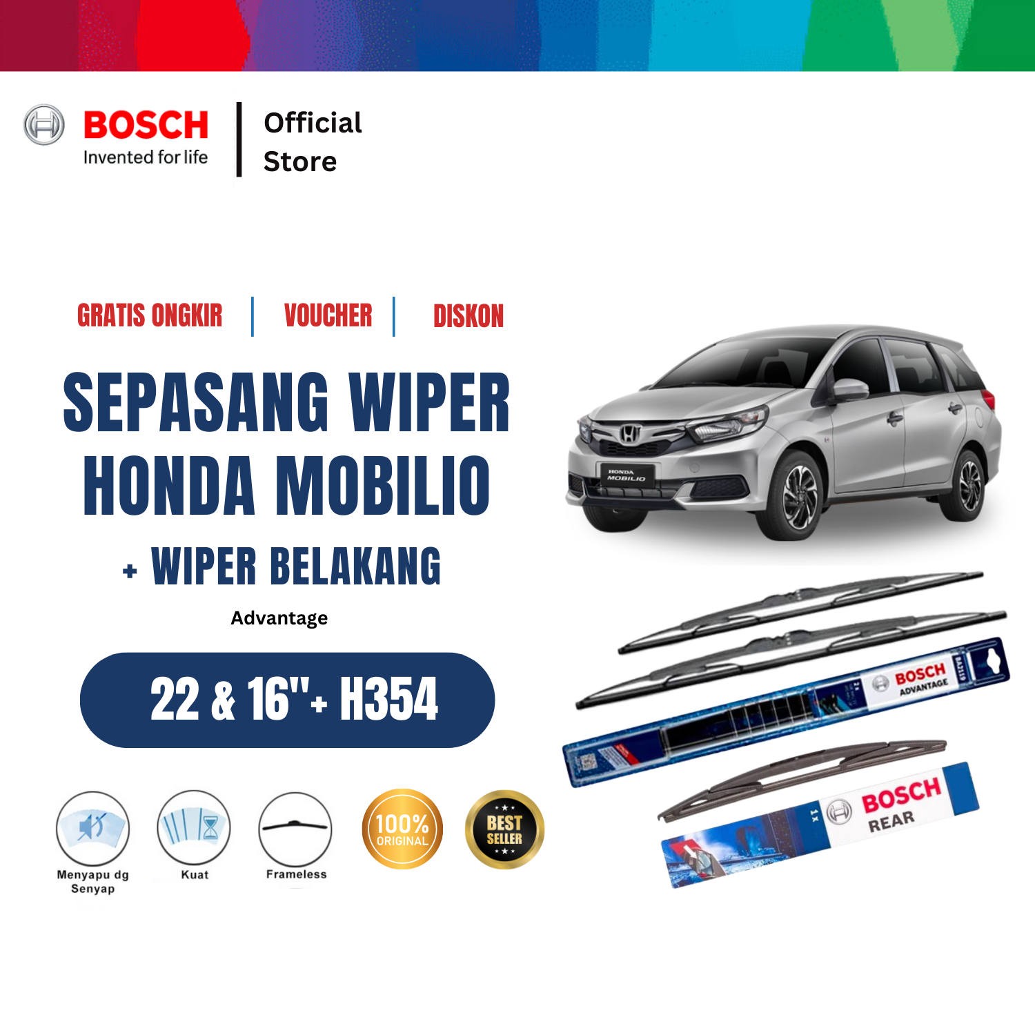 Bosch Wiper Depan dan Belakang Kaca Mobil Honda Mobilio Advantage 22 dan 16 inchi dan H354 Harga 238,850 rupiah*Gratis Ongkir