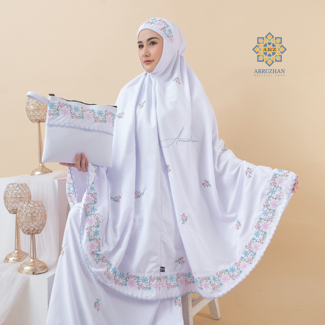 Arz - Adult Mukena with Arisha Flower Embroidery, Premium Jumbo Cotton