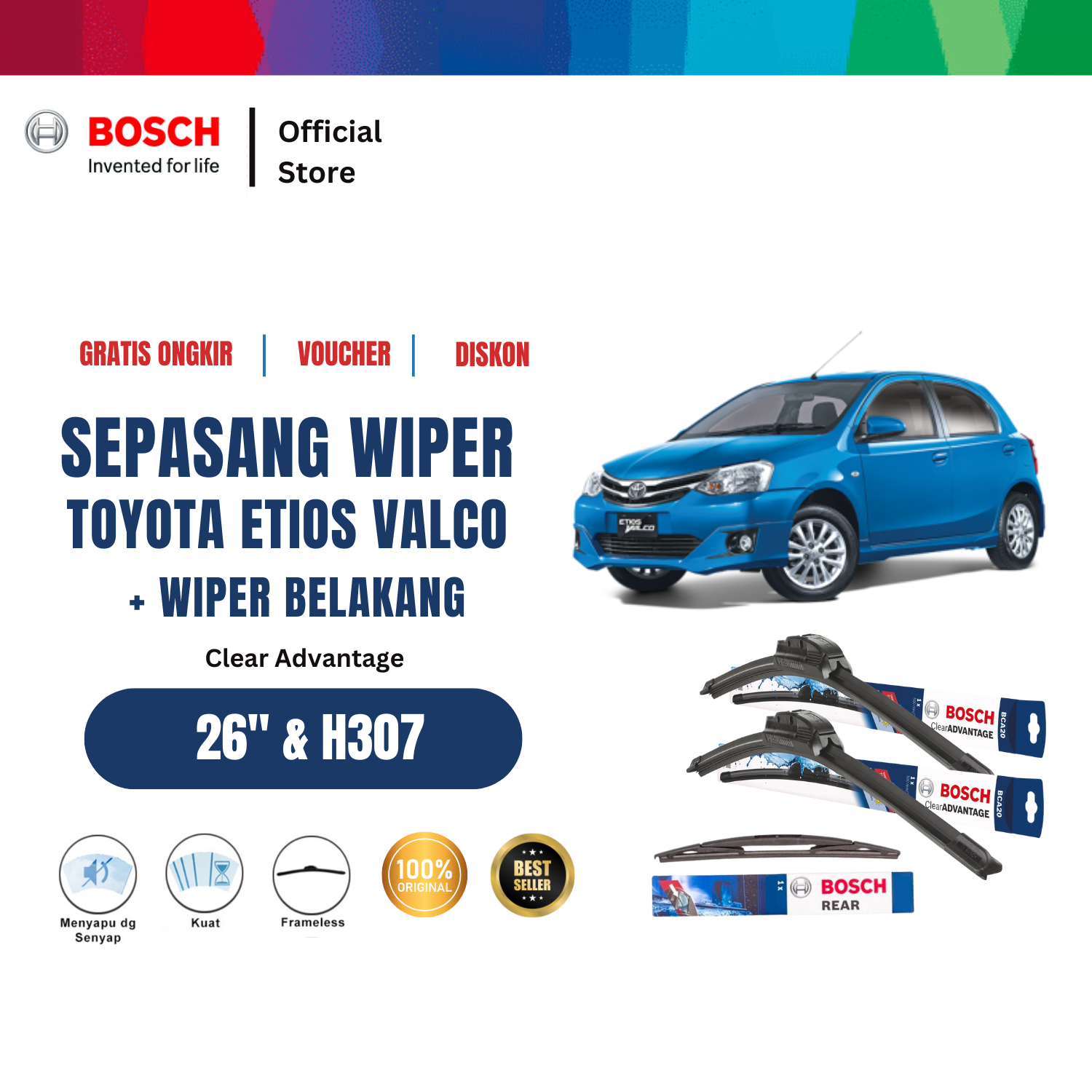 Bosch Wiper Depan Belakang Toyota Etios Valco Frameless Clear Advantage 26 Inci dan H307 Giá 212,330 Đồng*Miễn phí vận chuyển