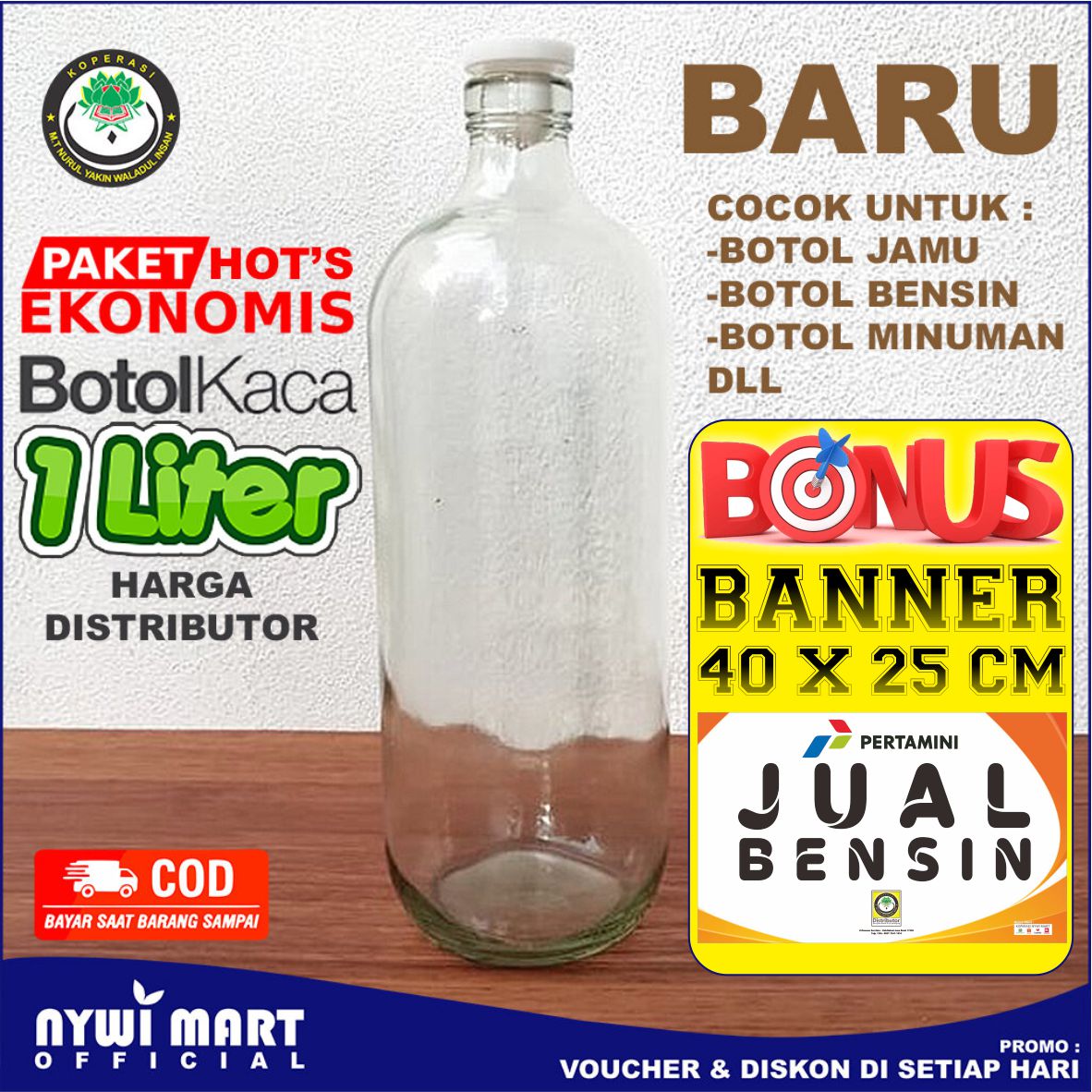 ( Paket isi 25 BONUS BANNER ) Botol Jamu Kaca 1 Liter BARU / Botol Bensin 1 Liter / Botol Minuman / Botol 1 Liter / Botol Kaca Serbaguna / Drigen bensin / Drigen 1 liter / botol madu / botol minyak minyak / COD Botol bensin Harga 110,095 rupiah*Gratis Ongkir