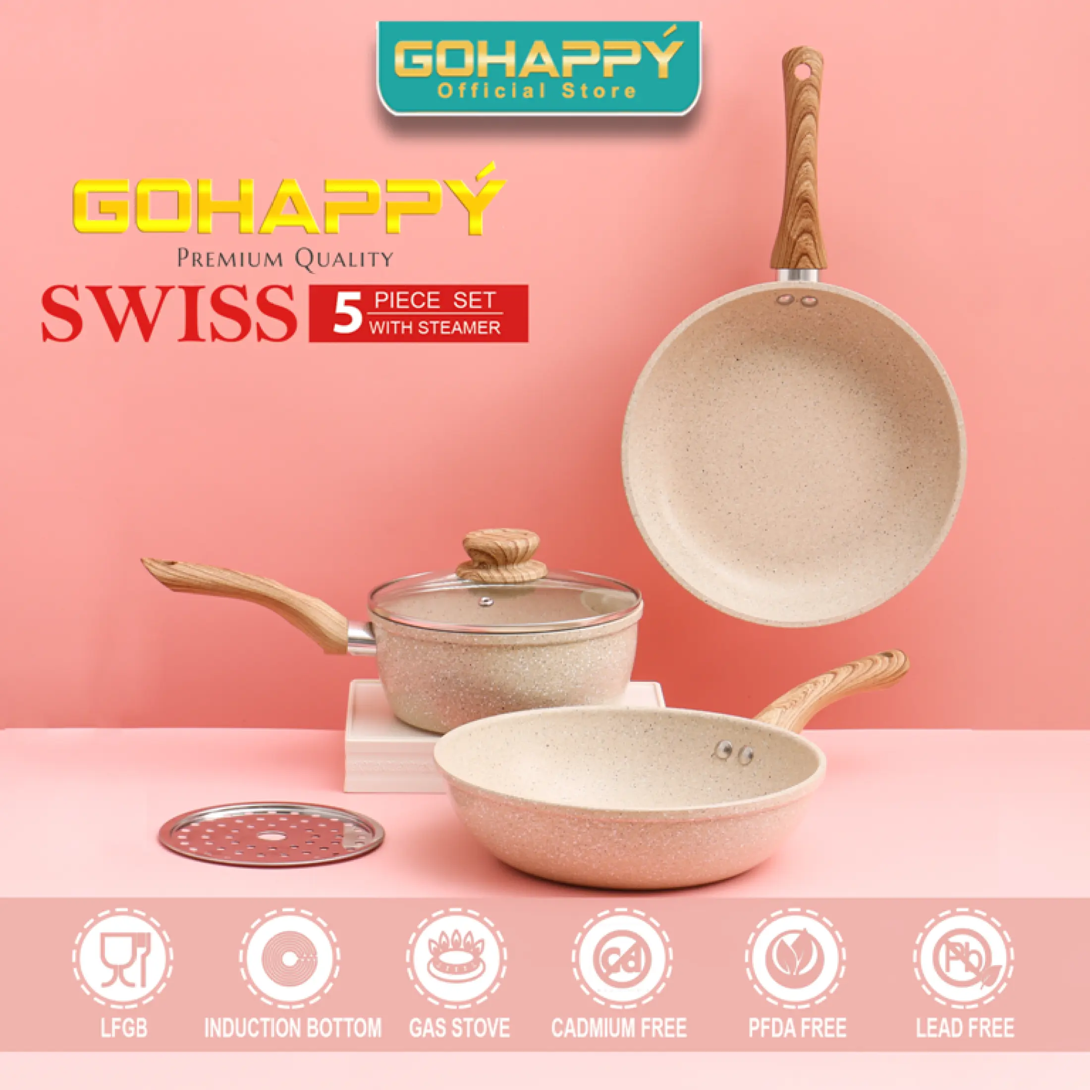 Swiss Granite Pan 5 Pcs Panci Set Gohappy Cookware Set Lazada Indonesia