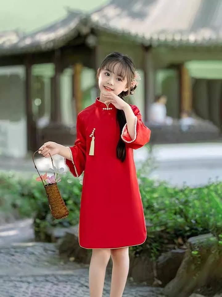 Dress Qibao Merah Cheongsam Imlek CNY Anak Perempuan Impor