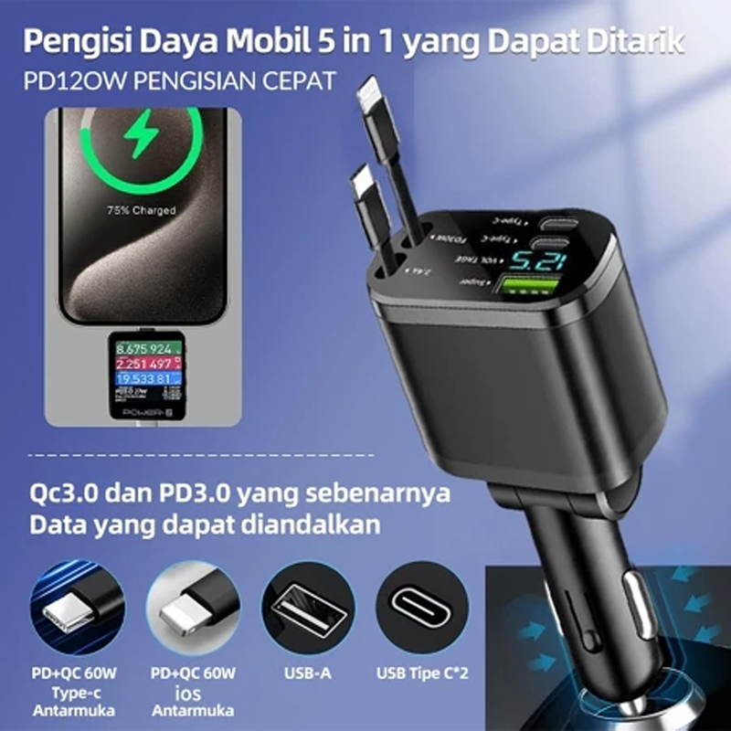 120W fast charging car charger Mobil & Motor with rectractable Cable 5 in 1 USB Type-C and iPhone Harga 63,900 rupiah*Gratis Ongkir