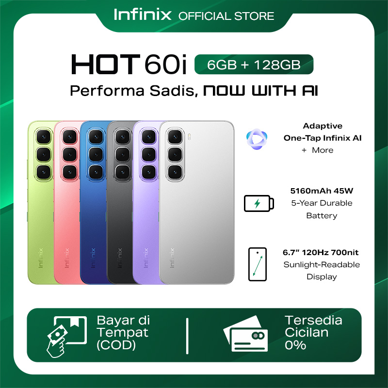 Infinix Hot 60I 6/128Gb - up to 12Gb Extended Ram - Helio G81 - 6.7 Inch 120Hz Hd+ - 50Mp - 5160 Mah - Nfc Harga 1,529,000 rupiah*Gratis Ongkir