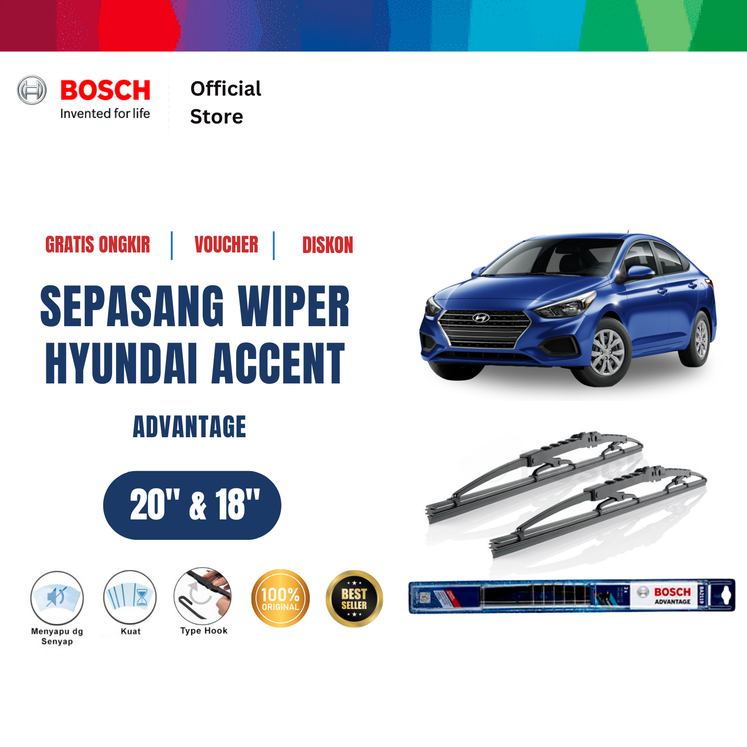 Bosch Sepasang Wiper Kaca Mobil Hyundai Accent 2011 on Advantage 20 dan 18 inchi Giá 121,380 Đồng*Miễn phí vận chuyển