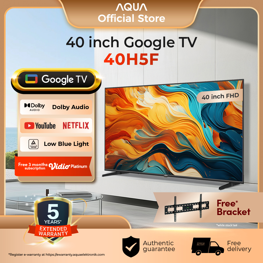 AQUA Elektronik TV 40H5F - FHD-HDR 10-Dolby Audio- Google TV - Google Play/Netflix/YouTube/Disney+Hotstar - Smart TV - RAM 1GB ROM 8GB  - Merek AQUA Harga 2,599,000 rupiah*Gratis Ongkir