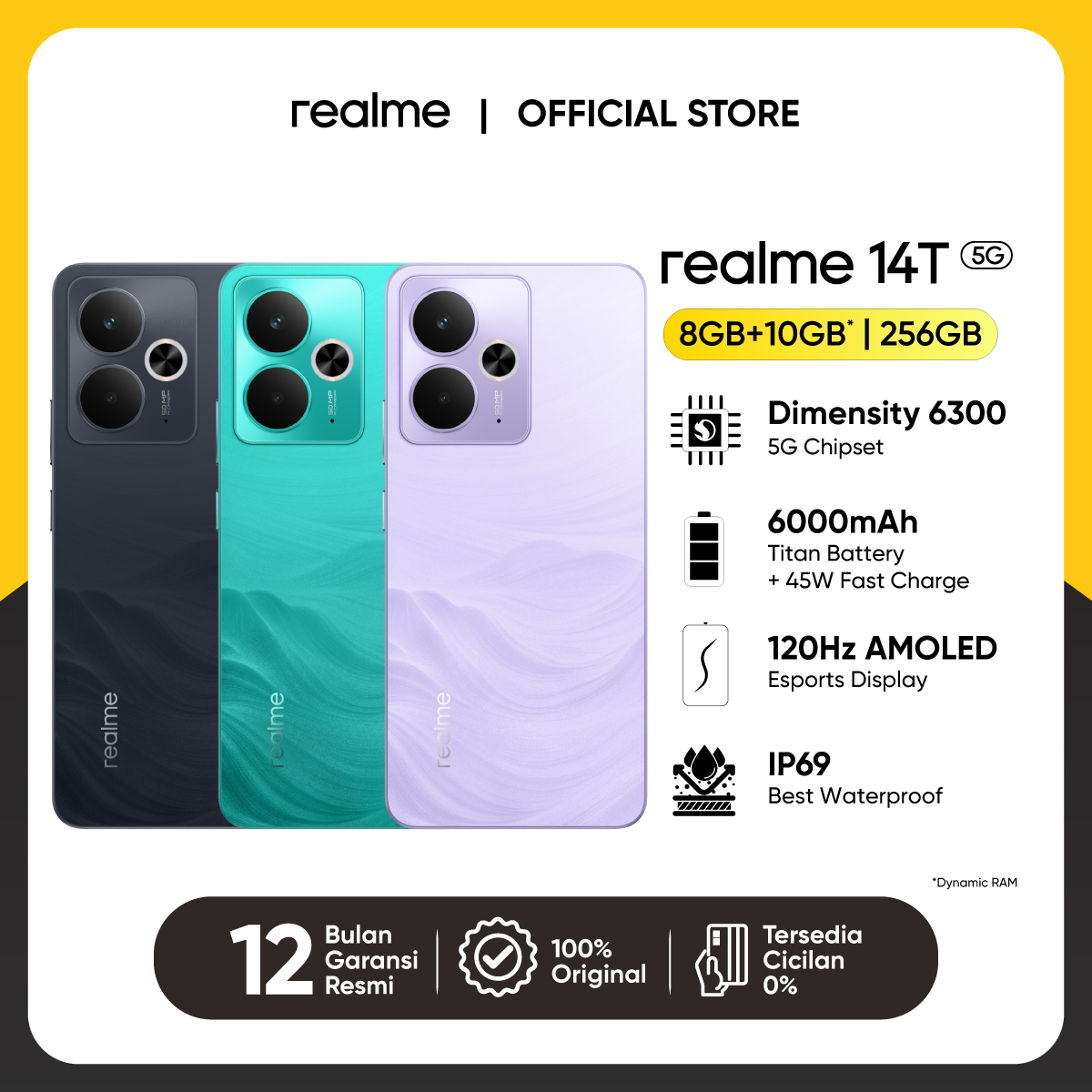 realme 14T 5G 8GB+10GB|256GB (Dimensity 6300 5G Chipset | 6000mAh Titan Battery | 45W Fast Charge | IP69 Best Waterproof) Harga 3,749,000 rupiah*Gratis Ongkir