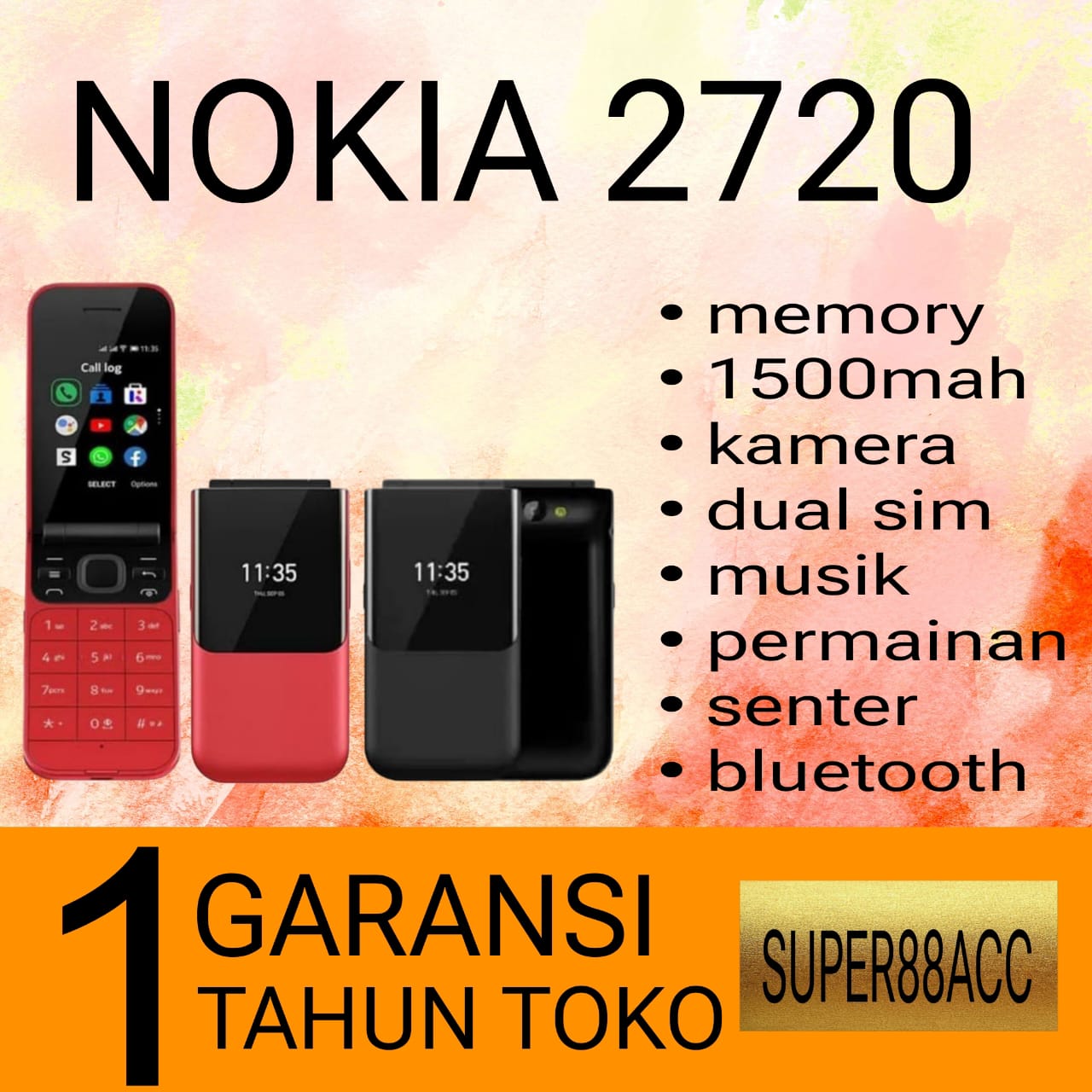 HP NOKIA 2720 FLIP BARU [GARANSI 1 TAHUN] - Kamera, Bluetooth, Musik, Radio, Slot Memori, Dual SIM Harga 306,900 rupiah*Gratis Ongkir
