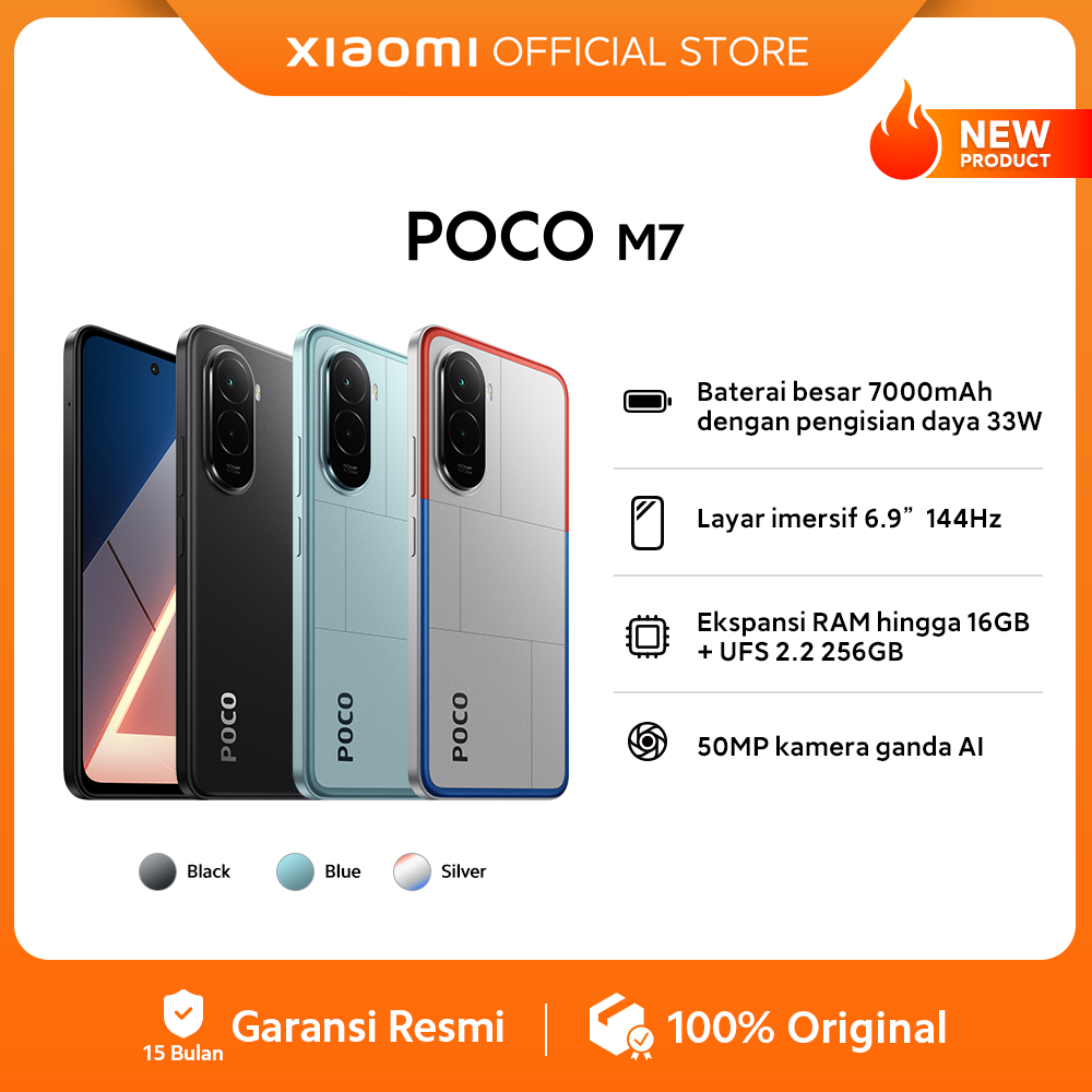 Poco M7 (8Gb/256Gb) Large 7000Mah Battery with 33W Charging | 6.9-Inch 144Hz Immersive Display | Ram Expansion up to 16Gb + Ufs 2.2 256Gb | 50Mp Dual Ai Camera [Official Store] Harga 2,199,000 rupiah*Gratis Ongkir