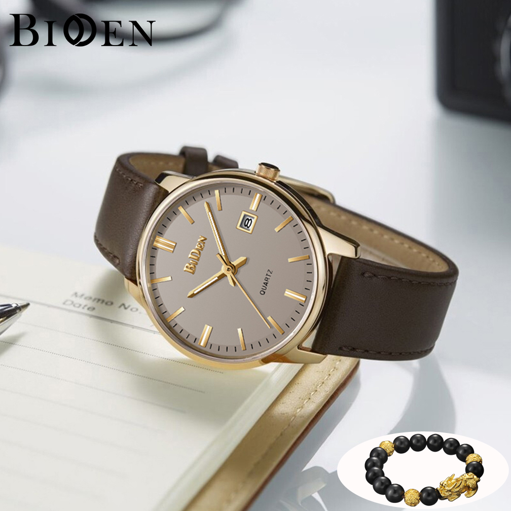 BIDEN Jam Tangan Pria Kuarsa Calendar Anti Air Klasik Bisnis Tali Kulit Jam Tangan Cowok