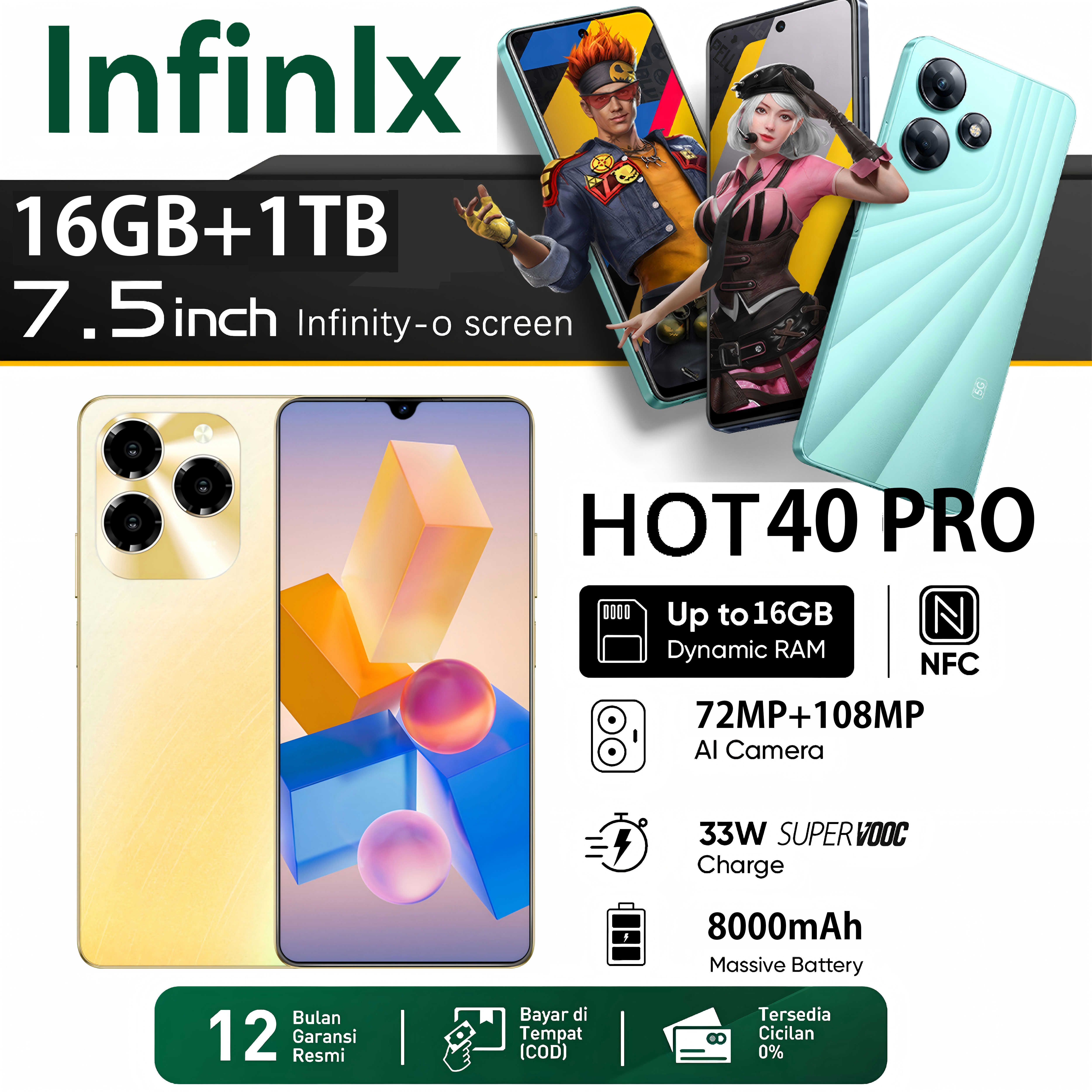 【Can co】new HP Infinix hot40 pro NFC 7.5 lnci mobile phone 5G WiFi 8000mAh battery 16GB/rom1tb students learn dual card dual standby gaming phone cheap HP Android smartphone HD + eye-care display original cheap mobile phone clearance promo cheap HP Harga  949,000 Ringgit*Penghantaran Percuma
