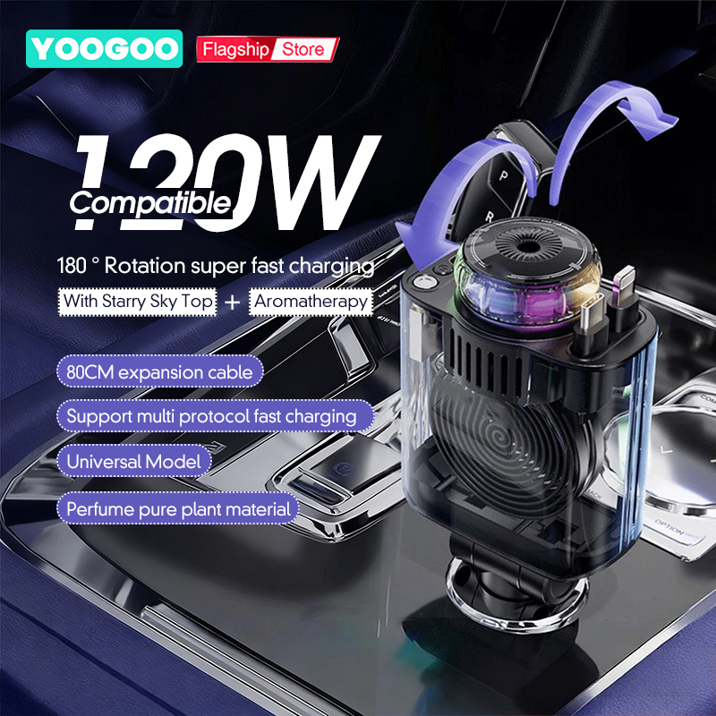 Yoogoo 120W Car Super Fast Charging Flash Charger, Telescopic Cable Car Charger 5 in 1 Compatible USB 2 Port Adapter Harga 219,000 rupiah*Gratis Ongkir