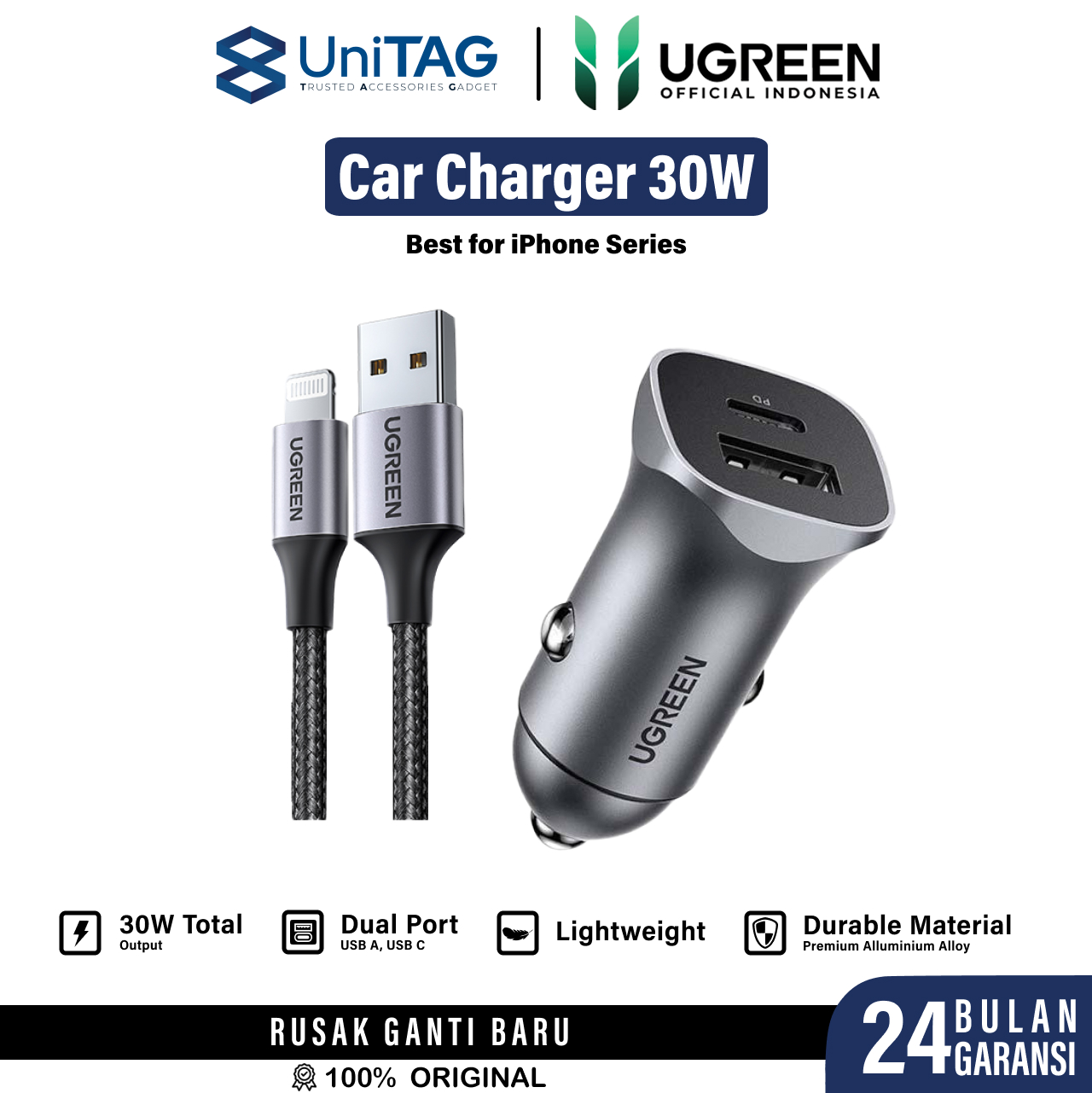 Ugreen Fast Charging USB C Car Charger for iPhone 16 15 14 13 12 11 Car Charger Harga 105,500 rupiah*Gratis Ongkir