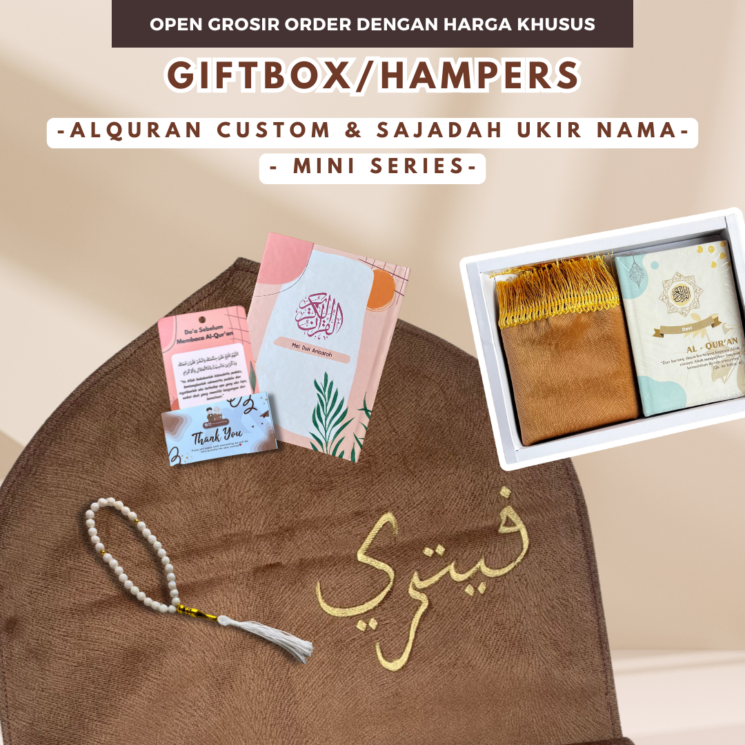 Giftbox Hampers Alquran A6 Custom Name + Carved Sajadah Mini Travel Size / Birthday Giftbox