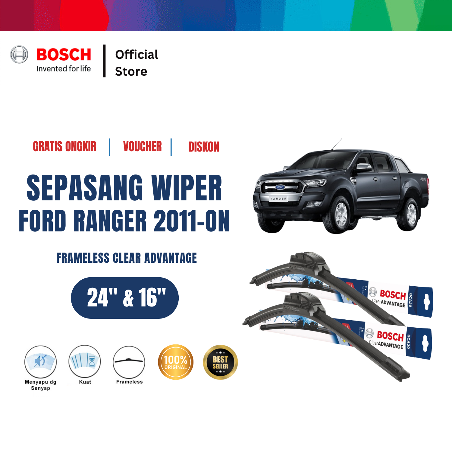 Bosch Sepasang Wiper Frameless New Clear Advantage Ford Ranger 2011-On Size 24 dan 16 Inci Harga 197,115 rupiah*Gratis Ongkir