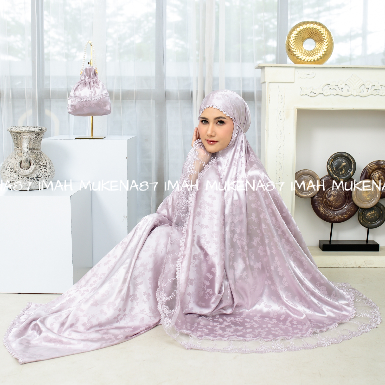 Luxurious Adult Mukena Silk Jacquard Embossed Flowers 2in1 Lace Tileu Kiara Premium Eid hadiah Mukenah