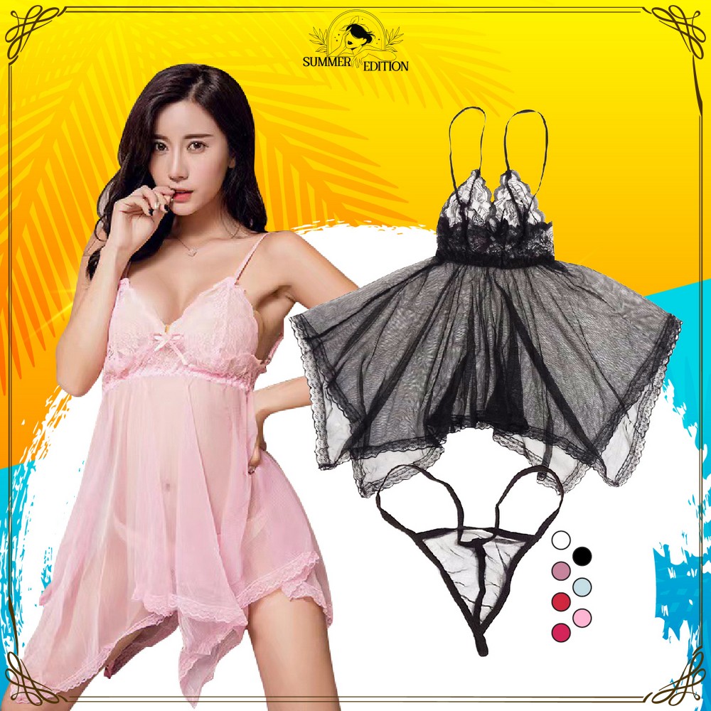 Snorda Women's Sleepwear Sexy Underwear Deep V Sexy Lace Suspender Dress  Black Hollow Sexy Nightdress